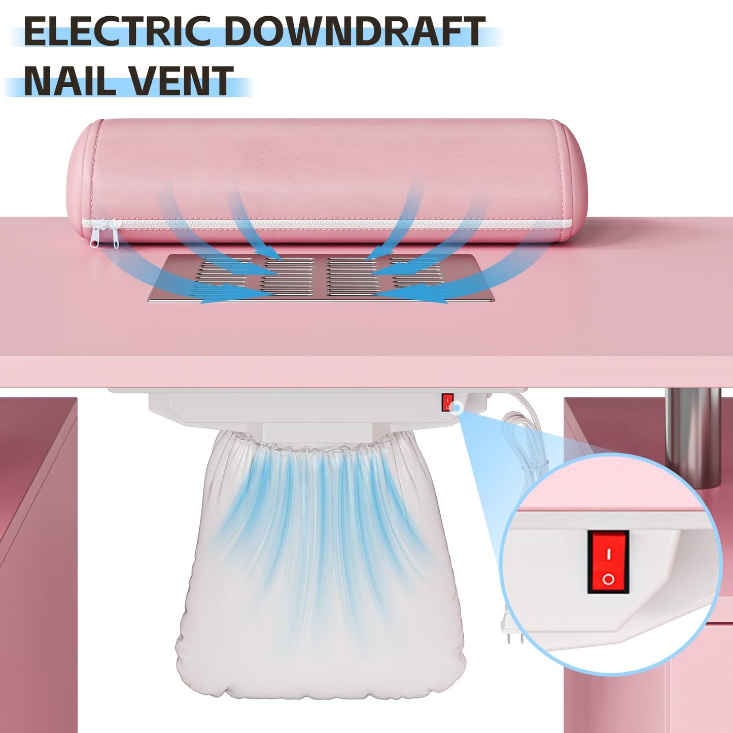 LEISULIF Professional Manicure Station with Dust Collector and Wrist Cushion, Mobile Nail Tech Desk Featuring 4 Drawers, Storage Cabinet and Lockable Wheels for Salon and Home Use - Pink