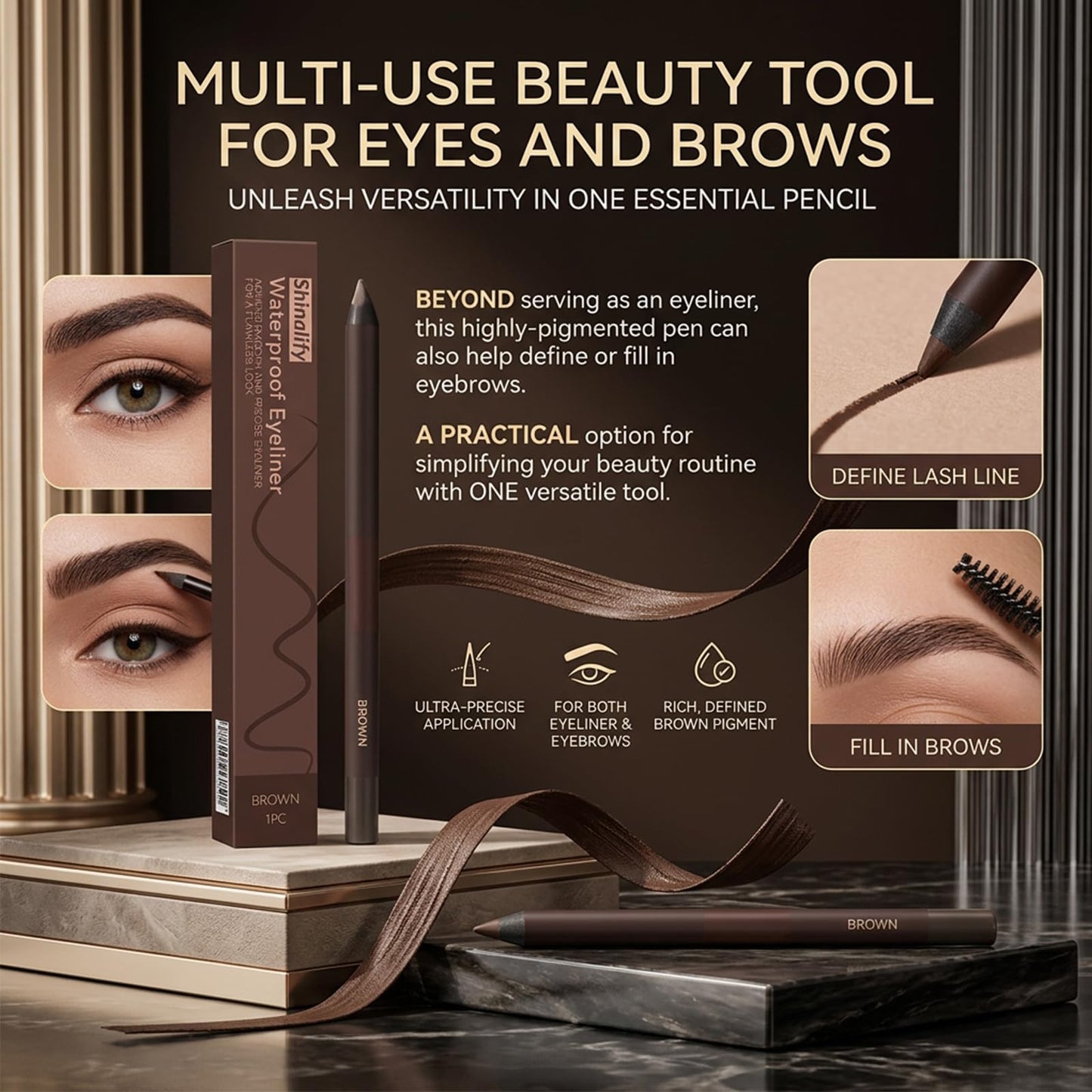 Shinalify Eyeliner, Long-Lasting & Waterproof, 2-in-1 Eyeshadow Liner Stick, Smooth Application for Natural Eye Makeup Look (Chocolate)