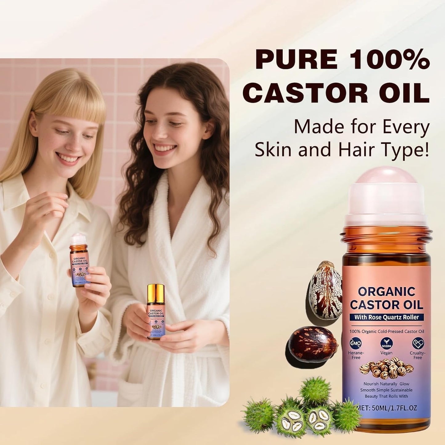 Organic Castor Oil Roll-On with Rose Quartz Roller | 100% Cold Pressed for Face, Body & Hair Care (2PCS)