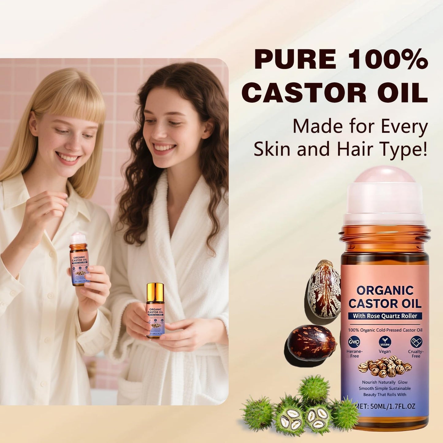 Zenvoro Organic Castor Oil Roll On with Rose Quartz Roller, 100% Cold Pressed Castor Oil, Natural Roll Ball for Face, Body, Hair & Eyebrows, Gentle Moisturizing Care (2PCS)