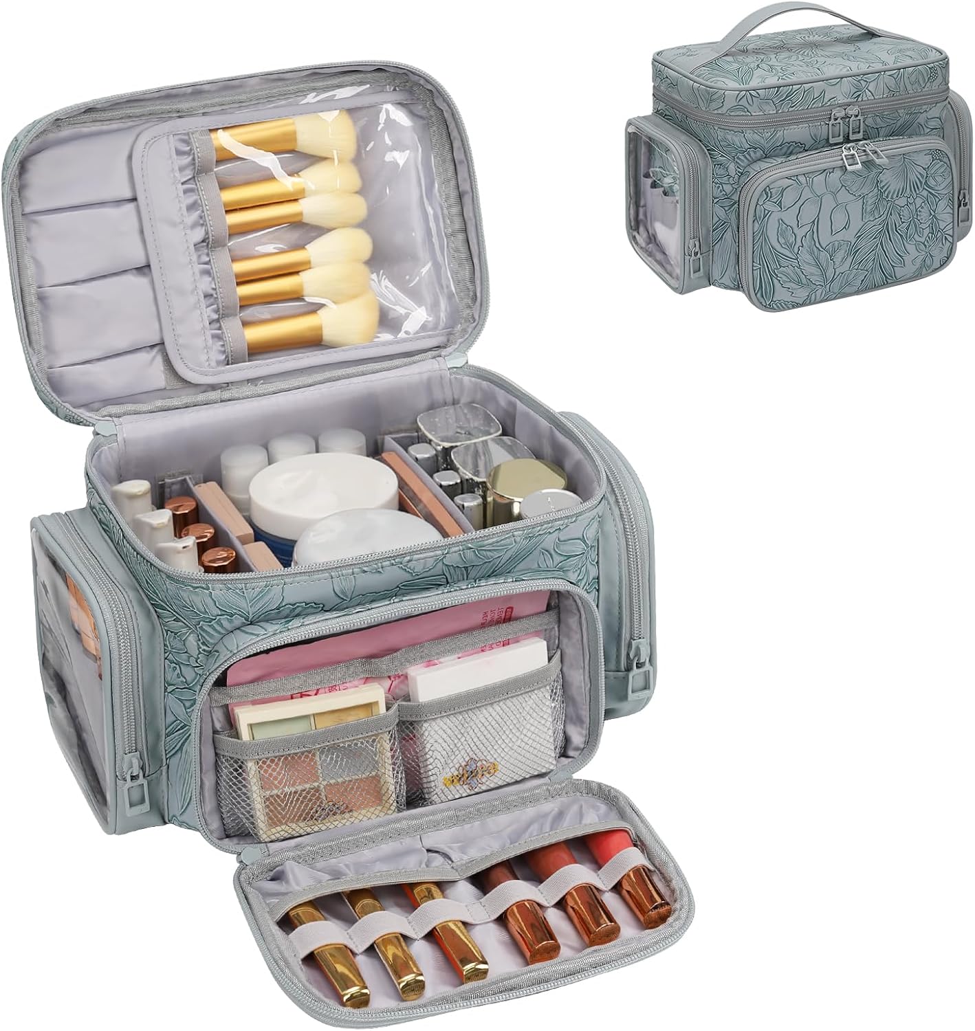 Large Makeup Bag Organizer for Women - Portable Travel Cosmetic Bag with Brush Compartment & Side Pockets | Black