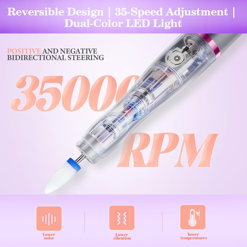 Electric Nail Drill with UV Lamp 6 in 1 Cordless Nail File Portable Efile Nail Set 35000 RPM Professional Rechargeable Nail Drill Machine for Acrylic Gel Nail Manicure Pedicure for Home