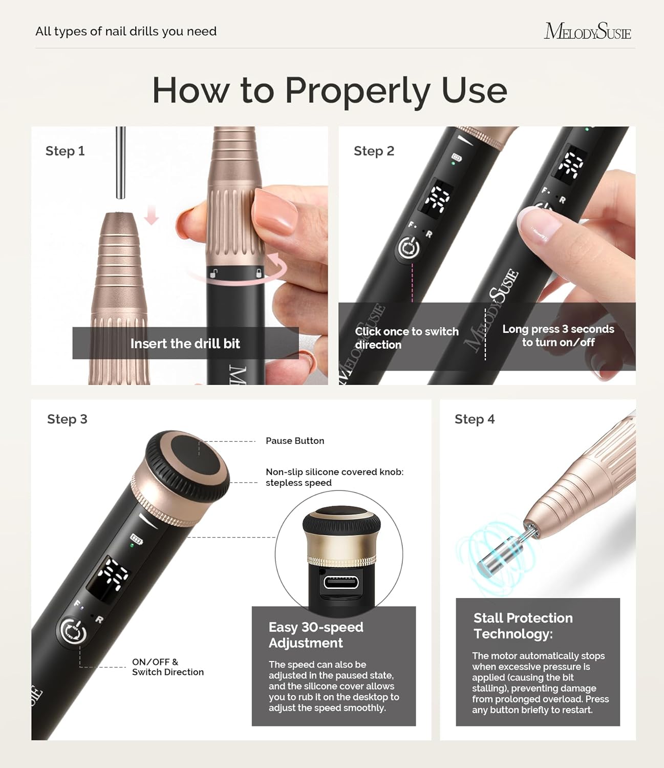 MelodySusie Cordless Nail Drill - 30000RPM E-File with Stepless Speed Adjustment | Portable Manicure Tool for Acrylic Gel Removal