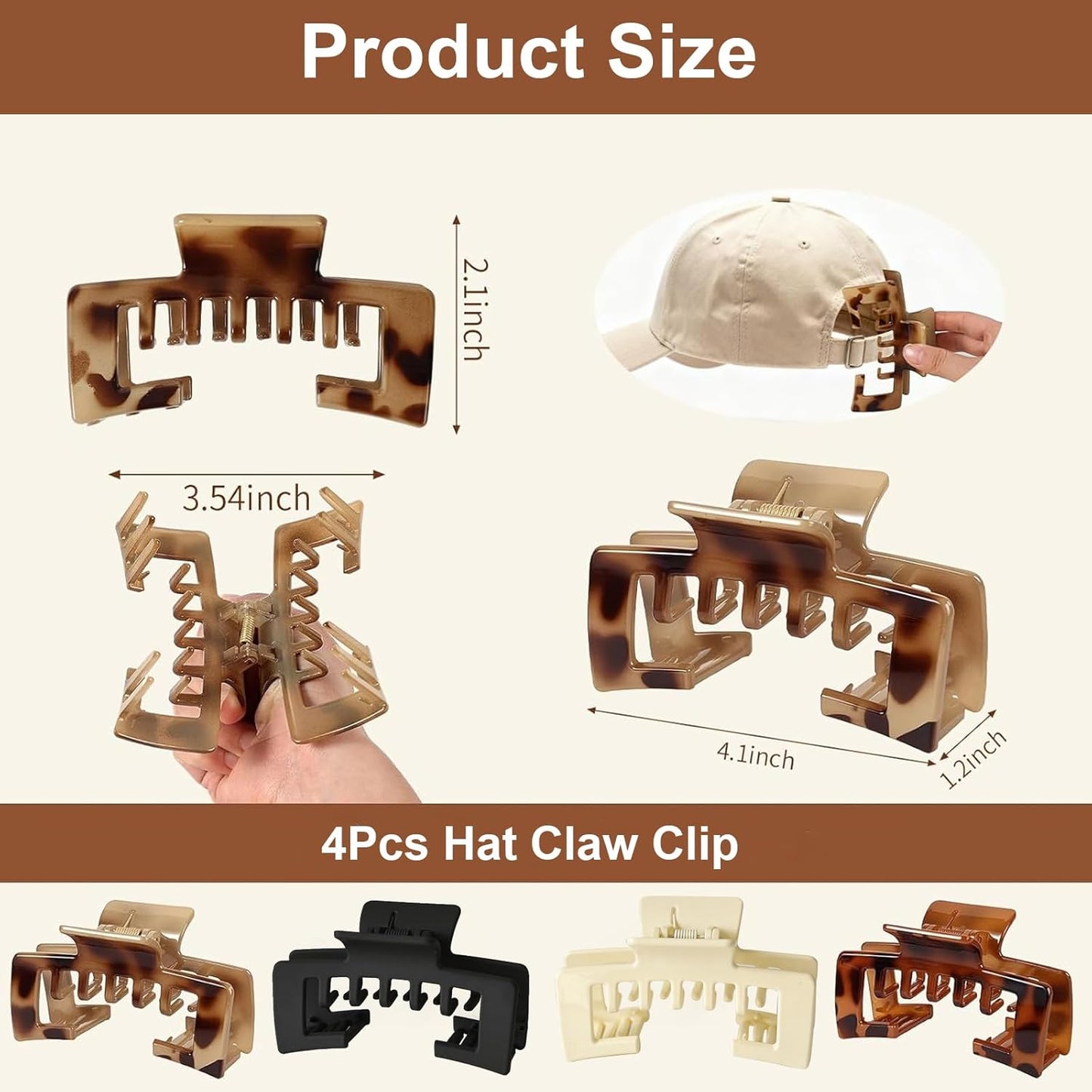 Large Hair Clips for Baseball Caps - Tortoise Shell Adjustable Claw Clips for Women | Non-Slip Strong Hold for Thick & Thin Hair