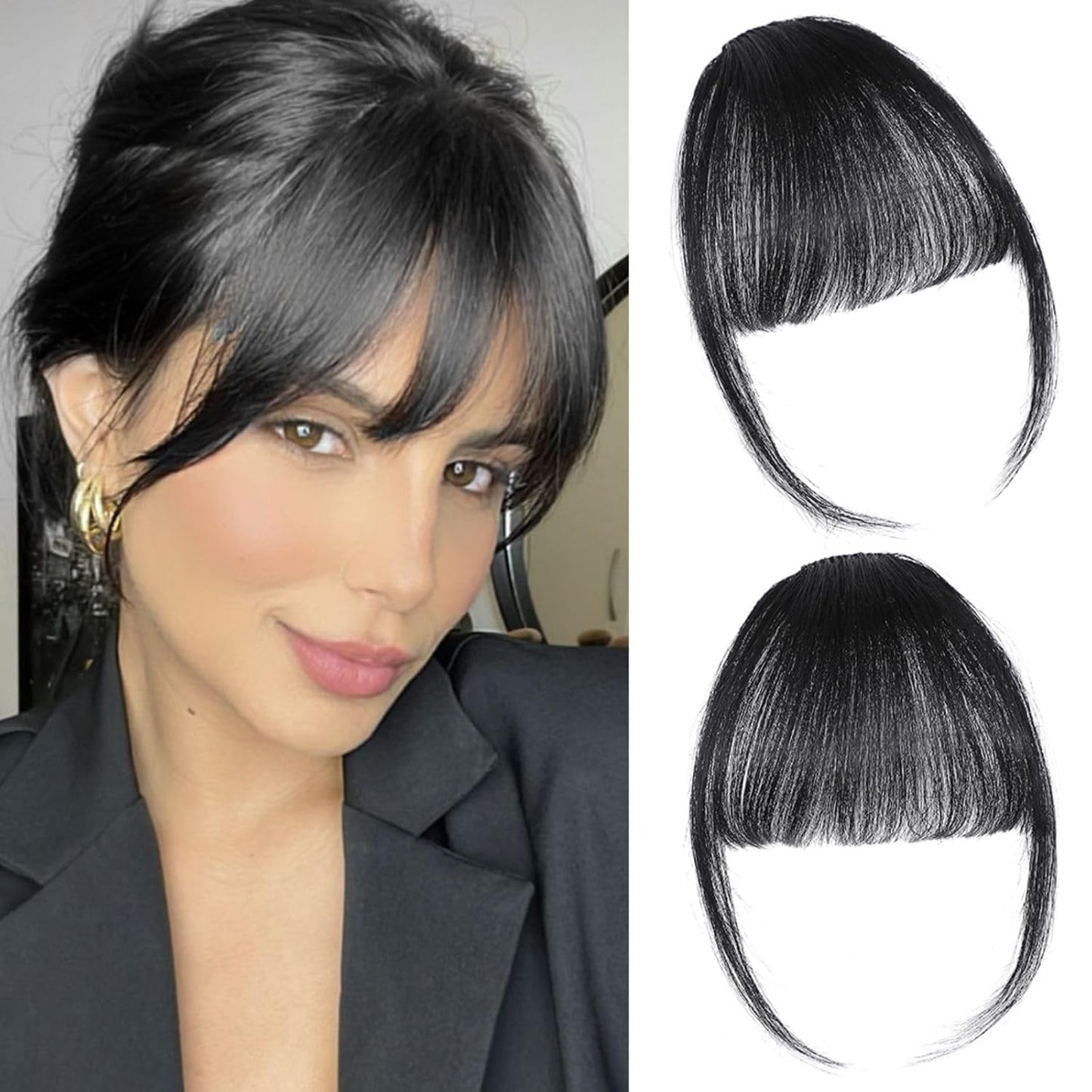 Clip In Bangs - 100% Real Human Hair Extensions | Natural Black Wispy Fringe for Women