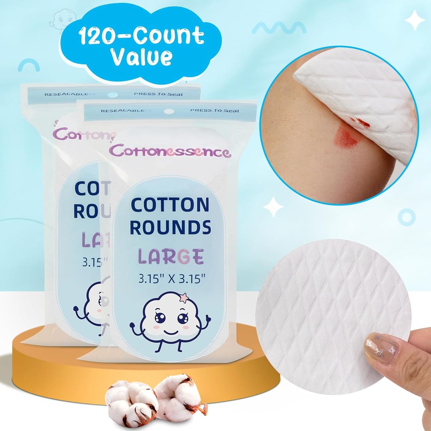 Premium Cotton Rounds - 120 Count Makeup Remover Pads | Soft, Lint-Free, 100% Cotton for Face & Nails
