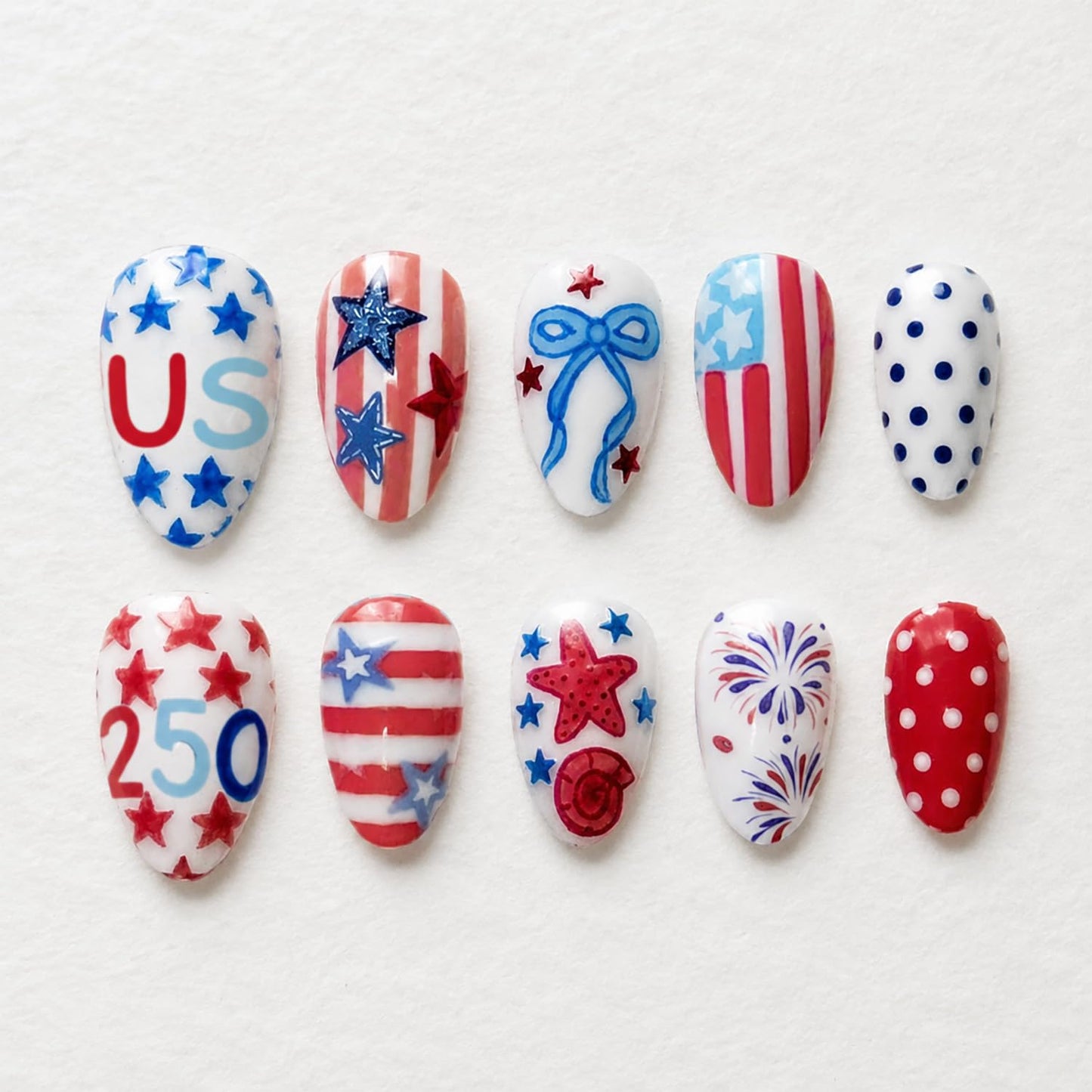 24Pcs 4th of July Press-On Nails - Short Almond American Flag Designs | Patriotic Summer Manicure