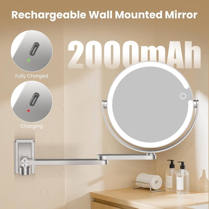 Wall Mounted Makeup Mirror with Lights - 8-Inch 20X/1X Magnification, Rechargeable LED, 360° Swivel & Extendable Arm