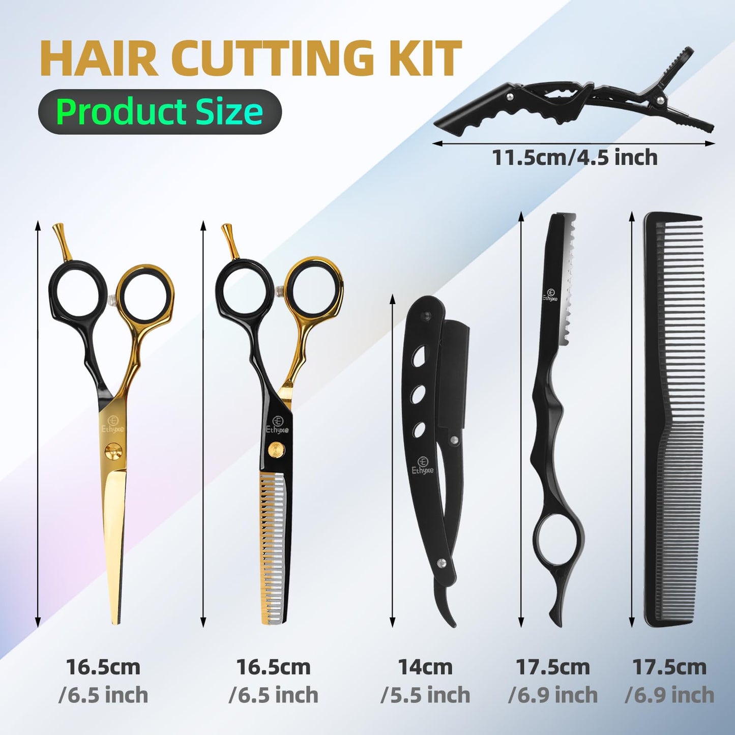 Ethyxe Hair Cutting Scissors Kit - 9 PCS Professional Haircut Scissors Set with Stainless Steel Straight and Thinning Shears for Home, Salon, and Barber Use (Black & Gold)