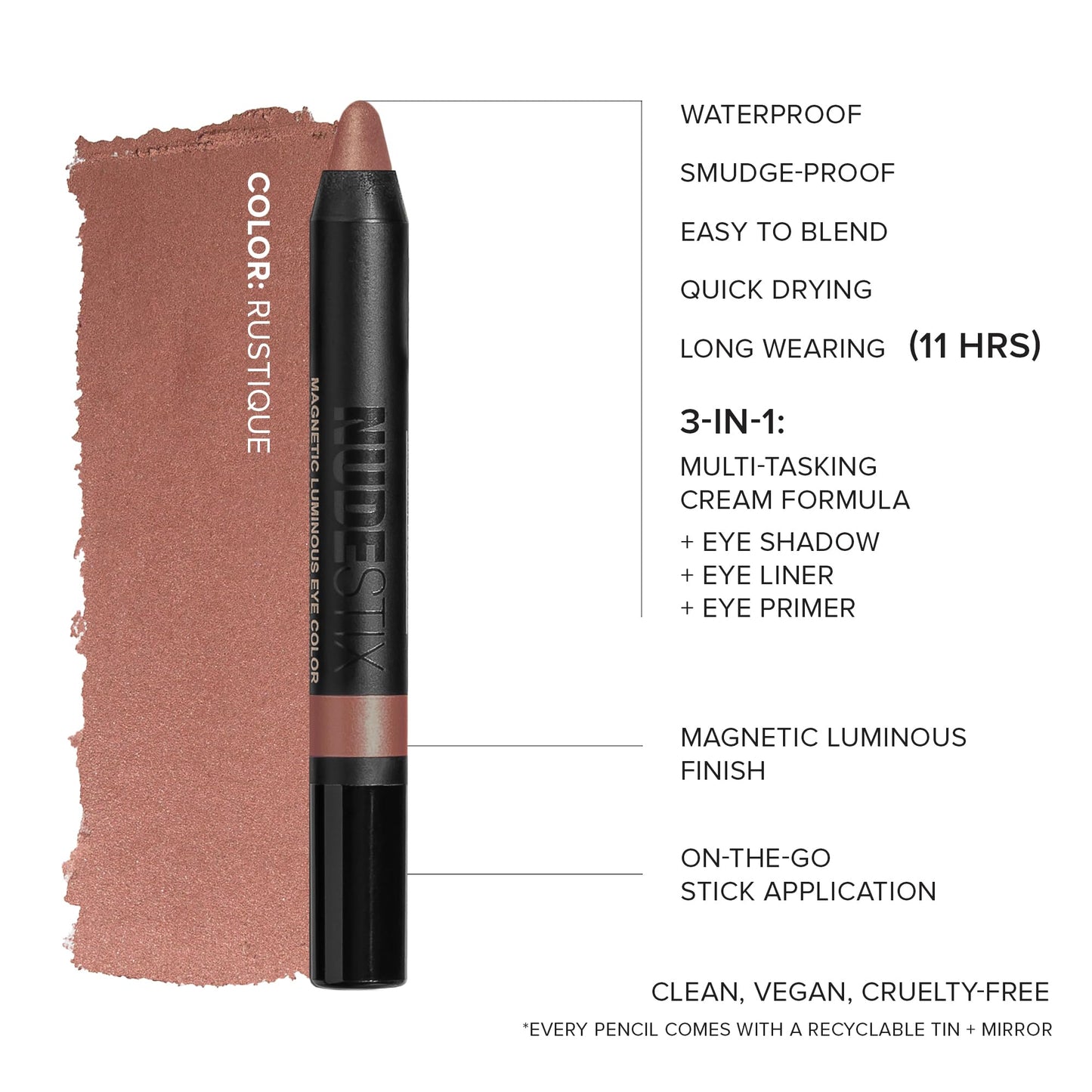Nudestix Magnetic Luminous Eye Color – 4-in-1 Cream Eyeshadow Stick, Eyeliner, Primer & Highlighter | Long-Wear, Waterproof Satin Finish | Vegan & Cruelty-Free Eye Makeup, Shade: Rustique