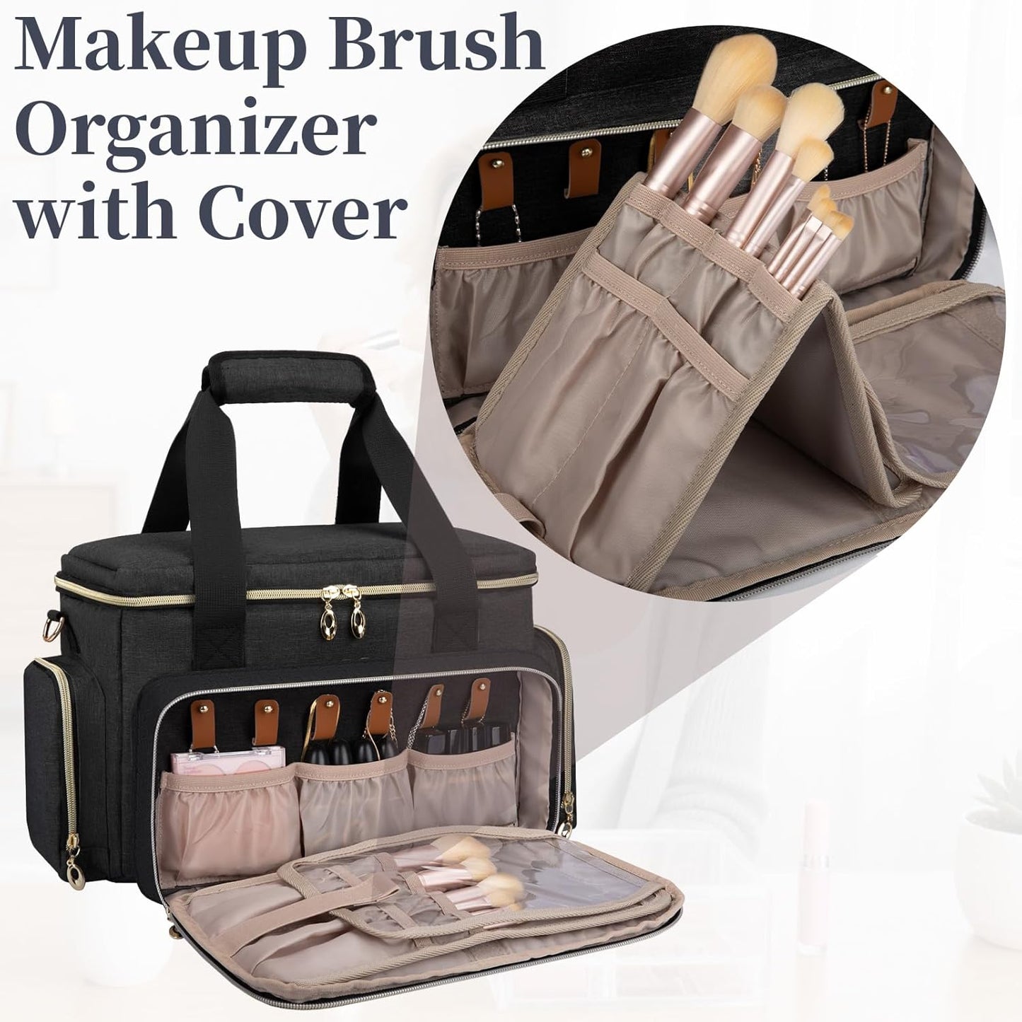 Large Makeup Bag Organizer - Portable Travel Cosmetic Case for Women | 2 Removable Pouches & Detachable Dividers - Black