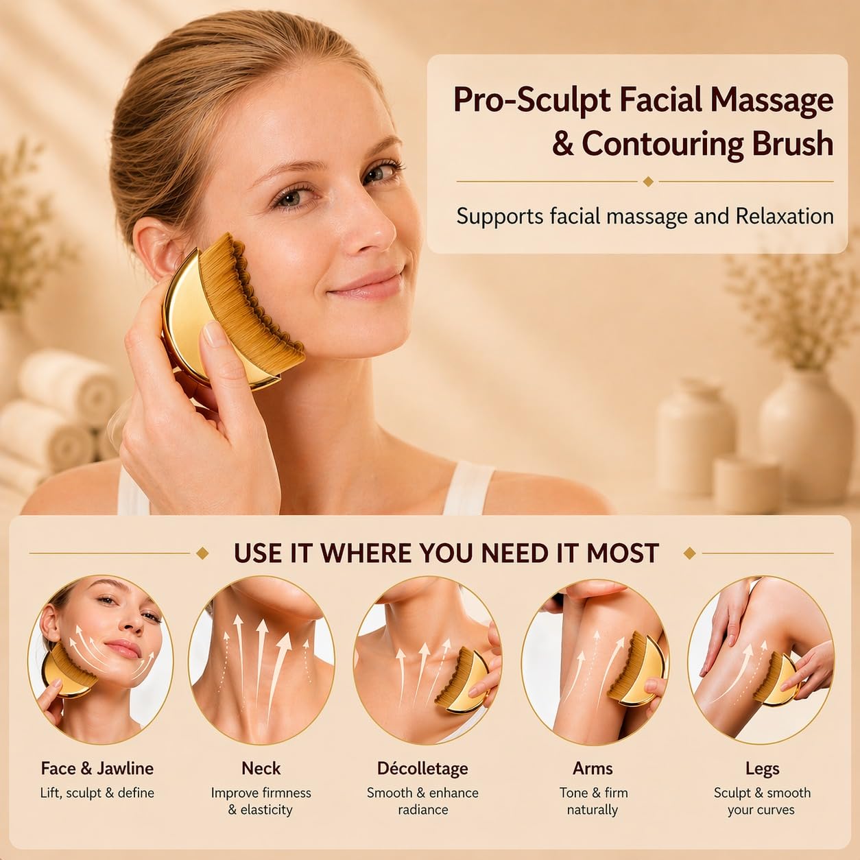 2 Pack Lymphatic Contour Face Brush for Lymphatic Drainage | Premium Face Sculpting Brush with Durable Soft Bristles | Anti-Puffiness, Ergonomic Design for Face Neck Chin (Gold)