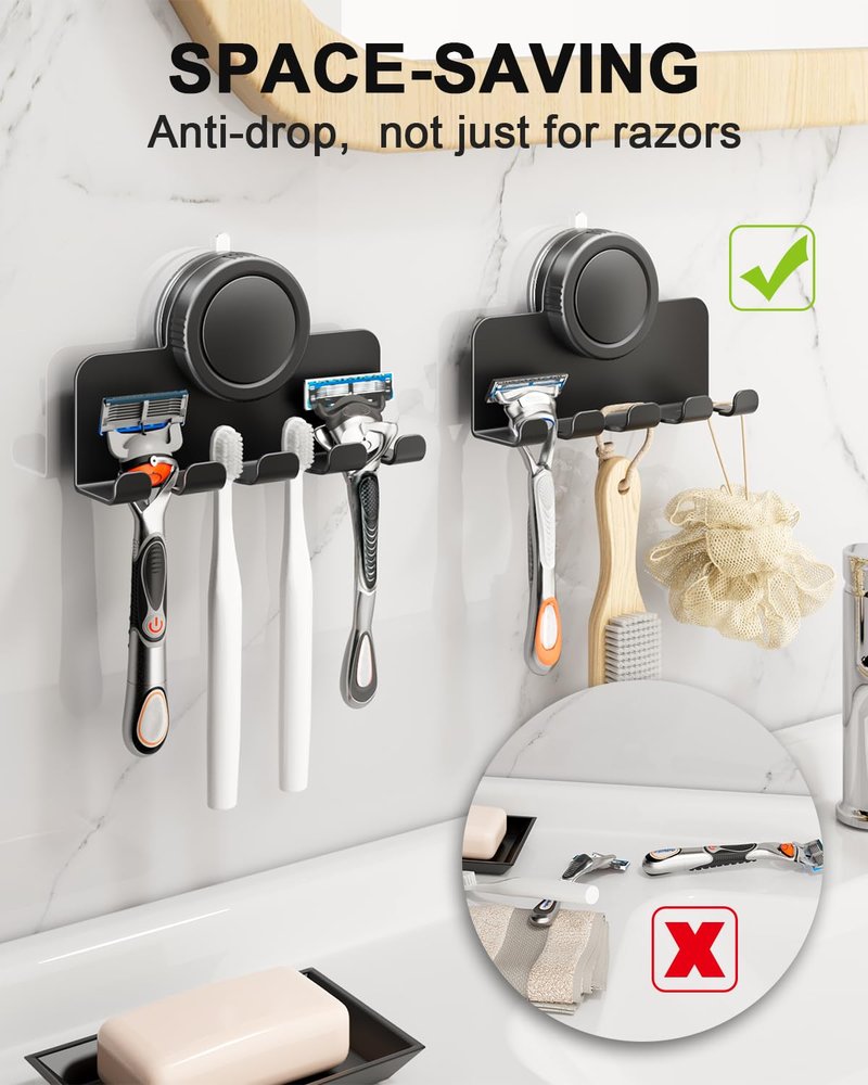 RIVAMBER Suction Cup Hooks, Razor Holder for Shower, Matte Black Shaver Holder Waterproof No Drill Adhesive Hanger for Hanging Loofah Towel Toothbrush Bathroom Kitchen Tiles Glasses