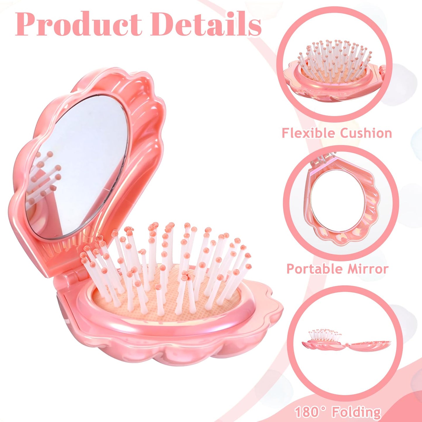2 PCS Shell Foldable Travel Hair Brush with Mirror, Portable Iridescent Shell Folding Hair Brush Compact Travel Size Pocket Hairbrush Metallic Shinning Mini Massage Comb for Women (Purple, Pink)
