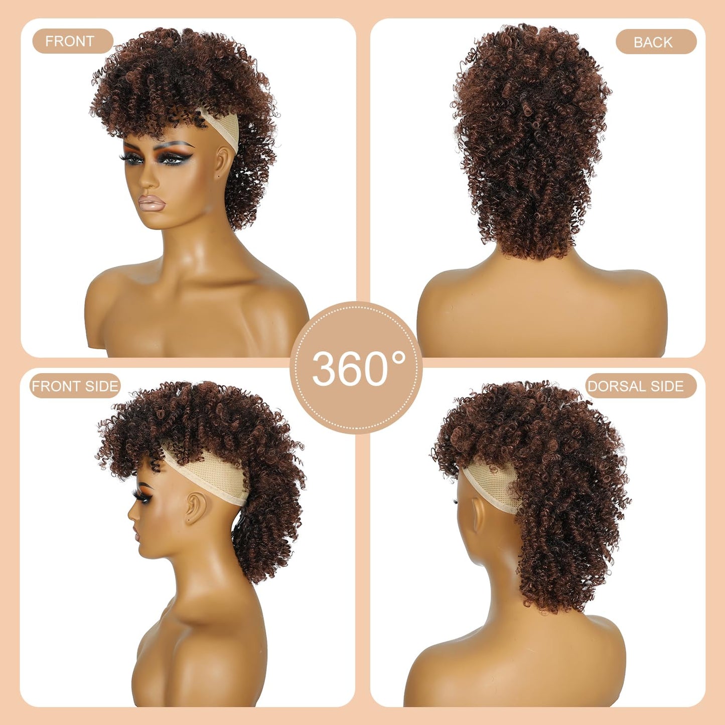 Kinky Curly Mohawk Wig - Blonde Ponytail Extension with Bangs | Short Synthetic Clip-In, Dark Brown Mix Black, Fluffy Hair for Daily & Party Use 1B/33