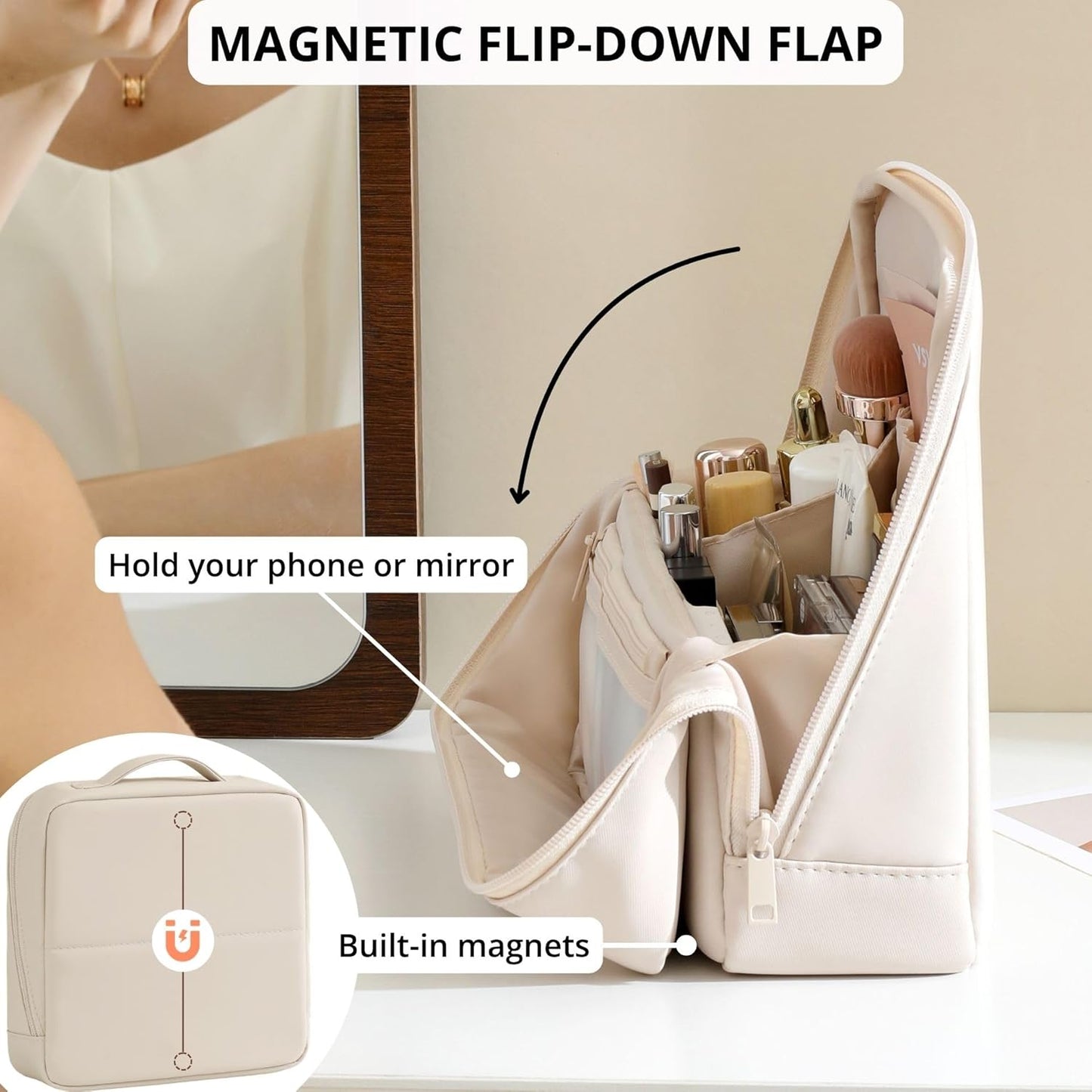 Travel Makeup Bag - Waterproof Leather Cosmetic Organizer for Women | Multi-Zone Storage, Cream, X-Large