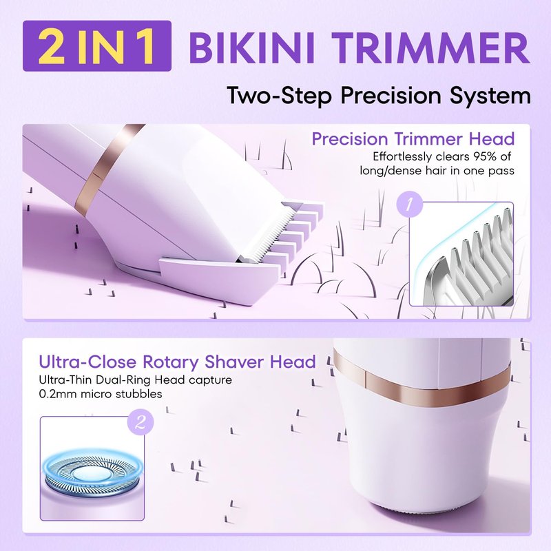 VG VOGCREST Bikini Trimmer for Women: 2-in-1 Painless Body Shaver for Underarm Leg Arm - Portable Travel Friendly Pubic Grooming Kit - Rechargeable Electric Razor with Charging Dock