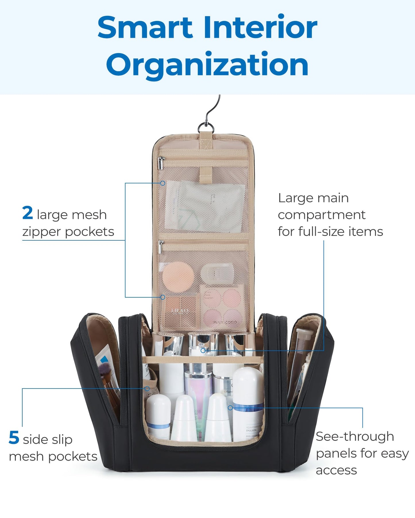 BAGSMART Travel Toiletry Bag for Women, Puffy Hanging Toiletry Bag with Hook, Water-resistant Toiletry Organizer for Full Sized Toiletries, Black