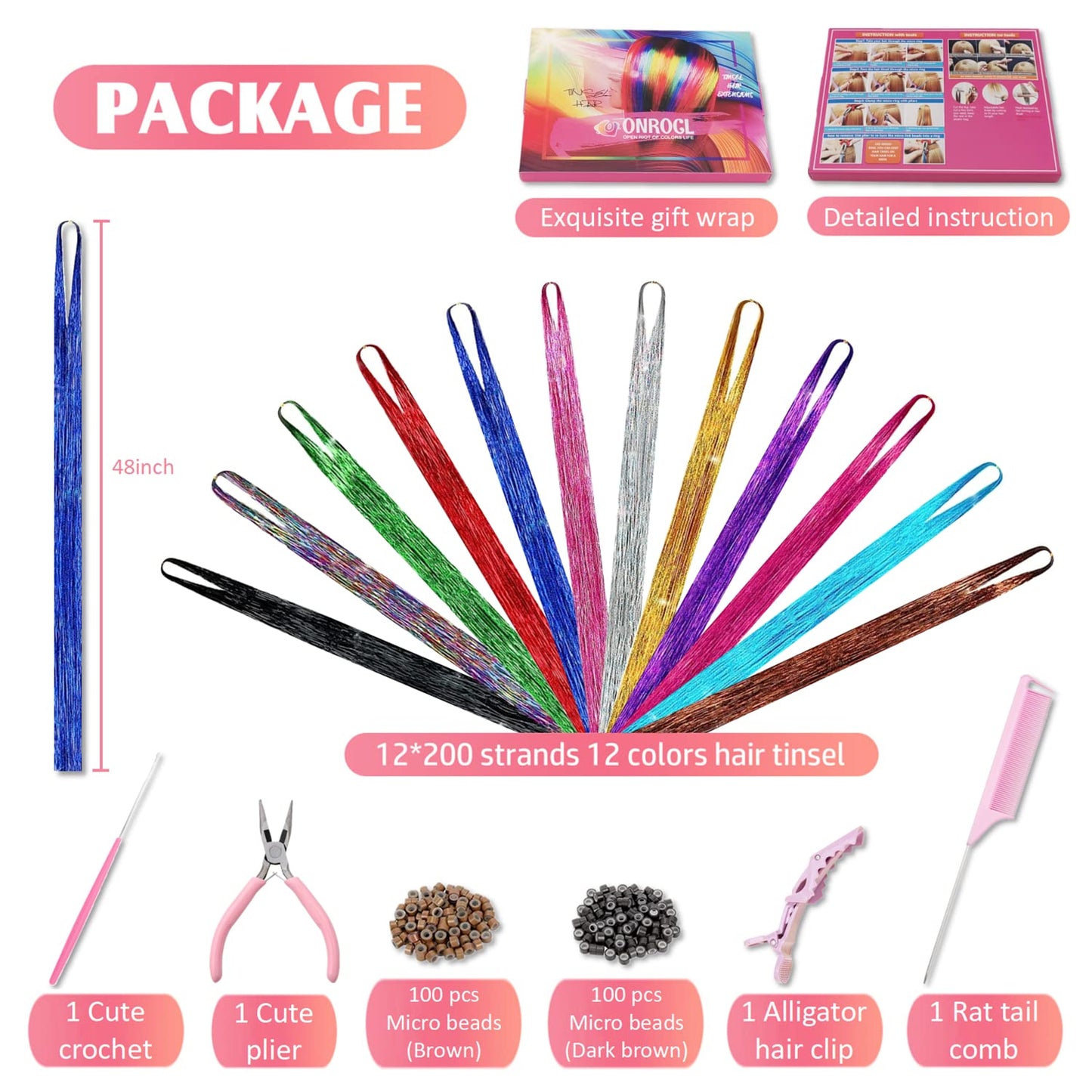 Hair Tinsel Kit with Tools and Instruction Easy to Use 12 Colors 2400 Strands 48 Inches Tinsel Hair Extensions for Women and Girls, Glitter Sparkling Shinny Fairy Hair Accessories for Party