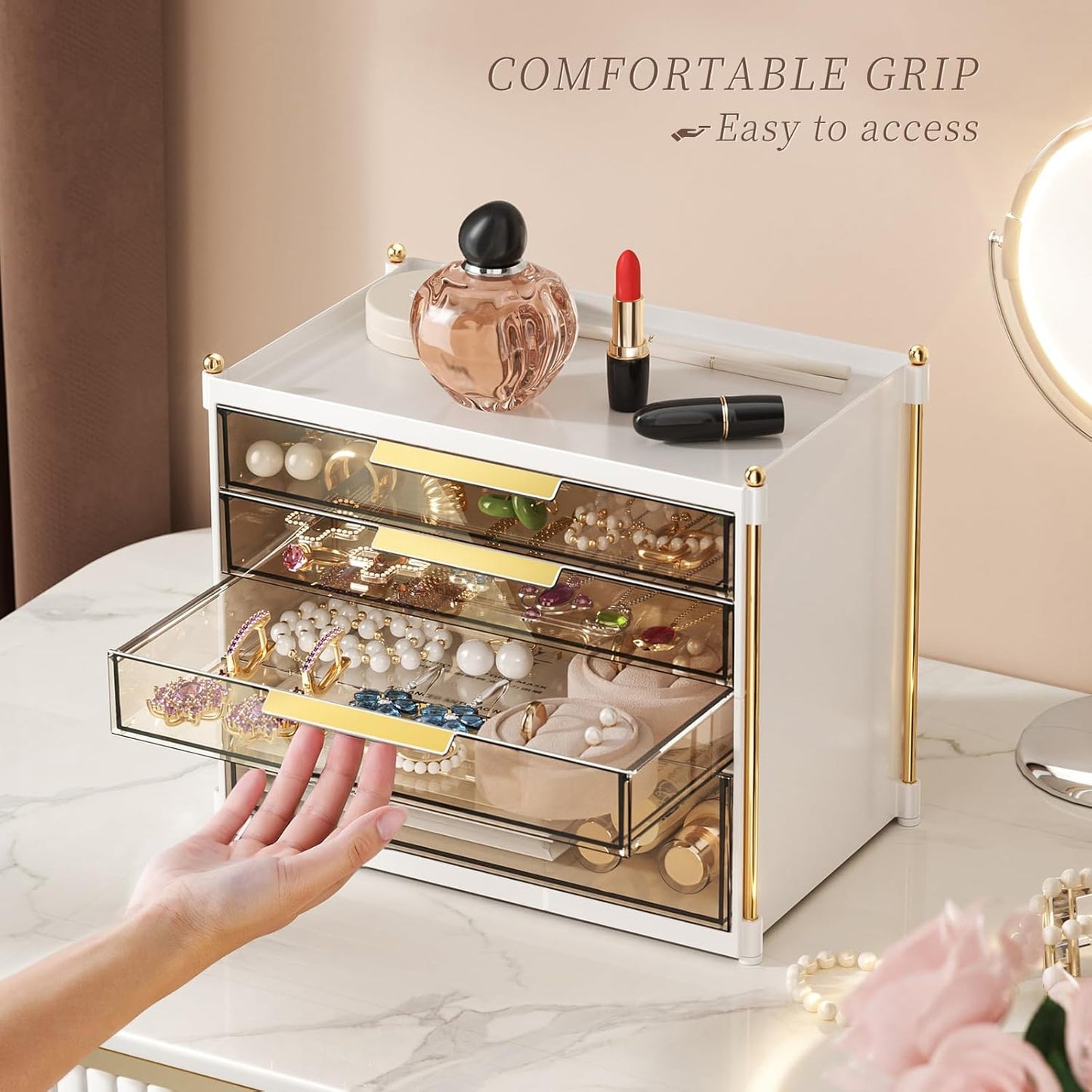 Aveniee 4-Drawer Makeup Organizer | Plastic Bathroom Storage for Cosmetics, Skincare & Jewelry - Gold