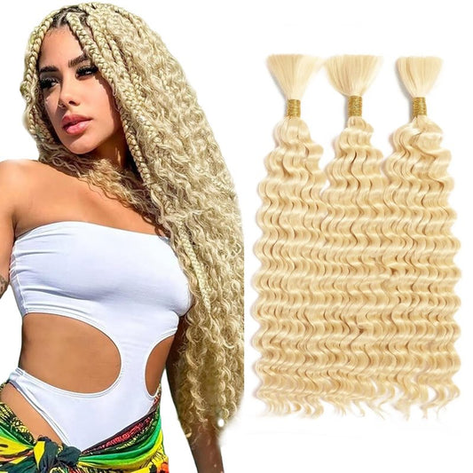 Auokmar Blonde Human Braiding Hair 26 Inch 613 Blonde Deep Wave Boho Braids Human Hair 160g 3 Bundles/Pack No Weft Braiding Human Hair