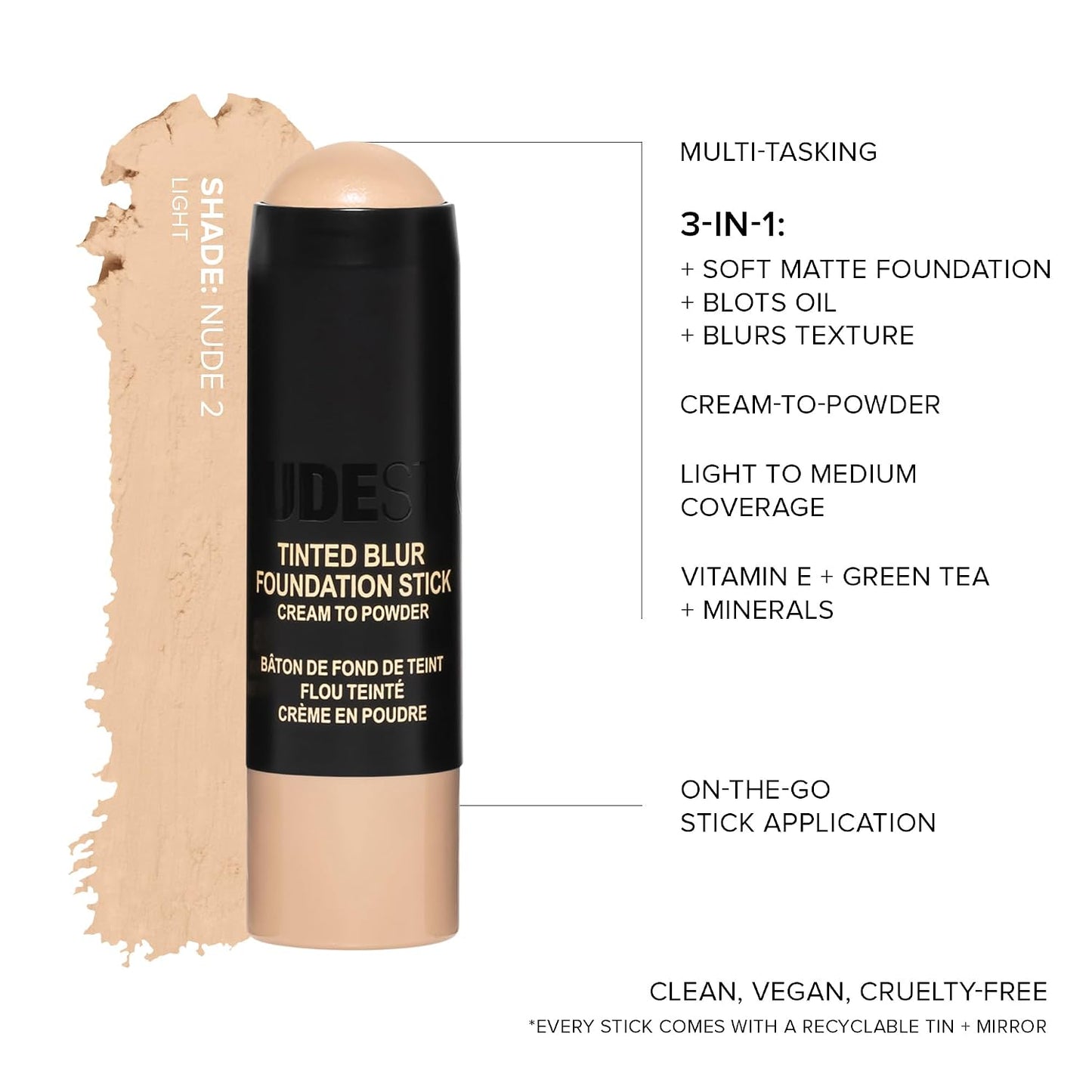 Nudestix Tinted Blur Foundation Stick - Cream-to-Powder Lightweight Makeup for Pores & Blemishes | Natural-Matte Finish