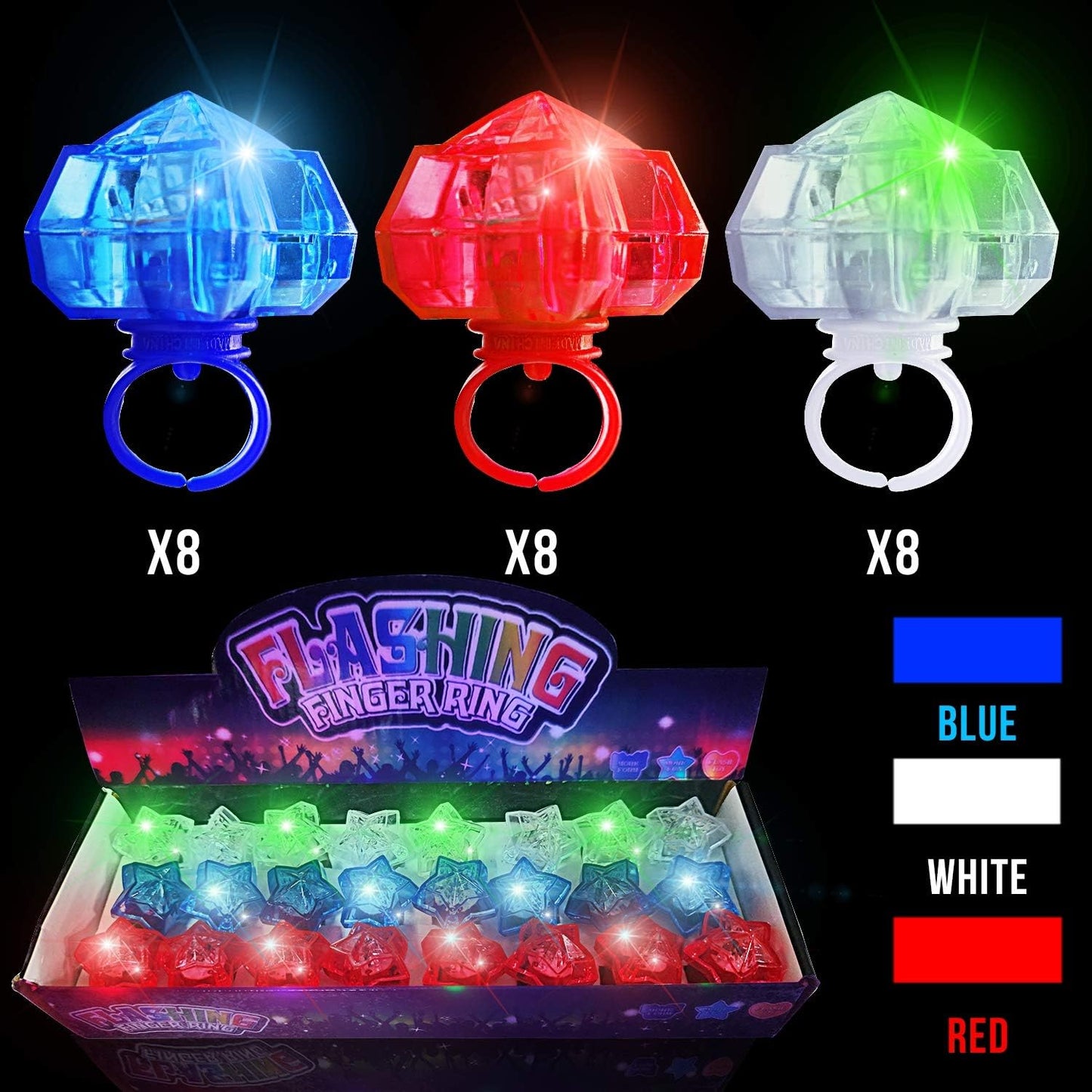 LED Light Up Star Rings - 24 PCS Patriotic Party Favors for 4th of July | Red, White & Blue Decorations