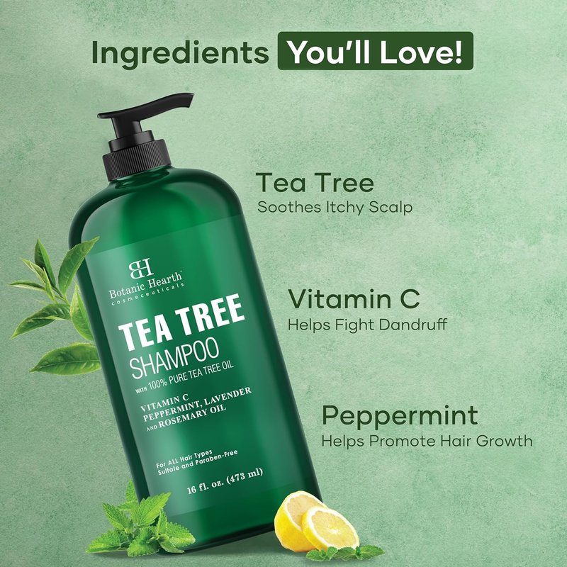 Tea Tree Shampoo - Fights Dandruff & Dry Scalp with Vitamin C, Peppermint, Lavender & Rosemary Oil | 16 Fl Oz