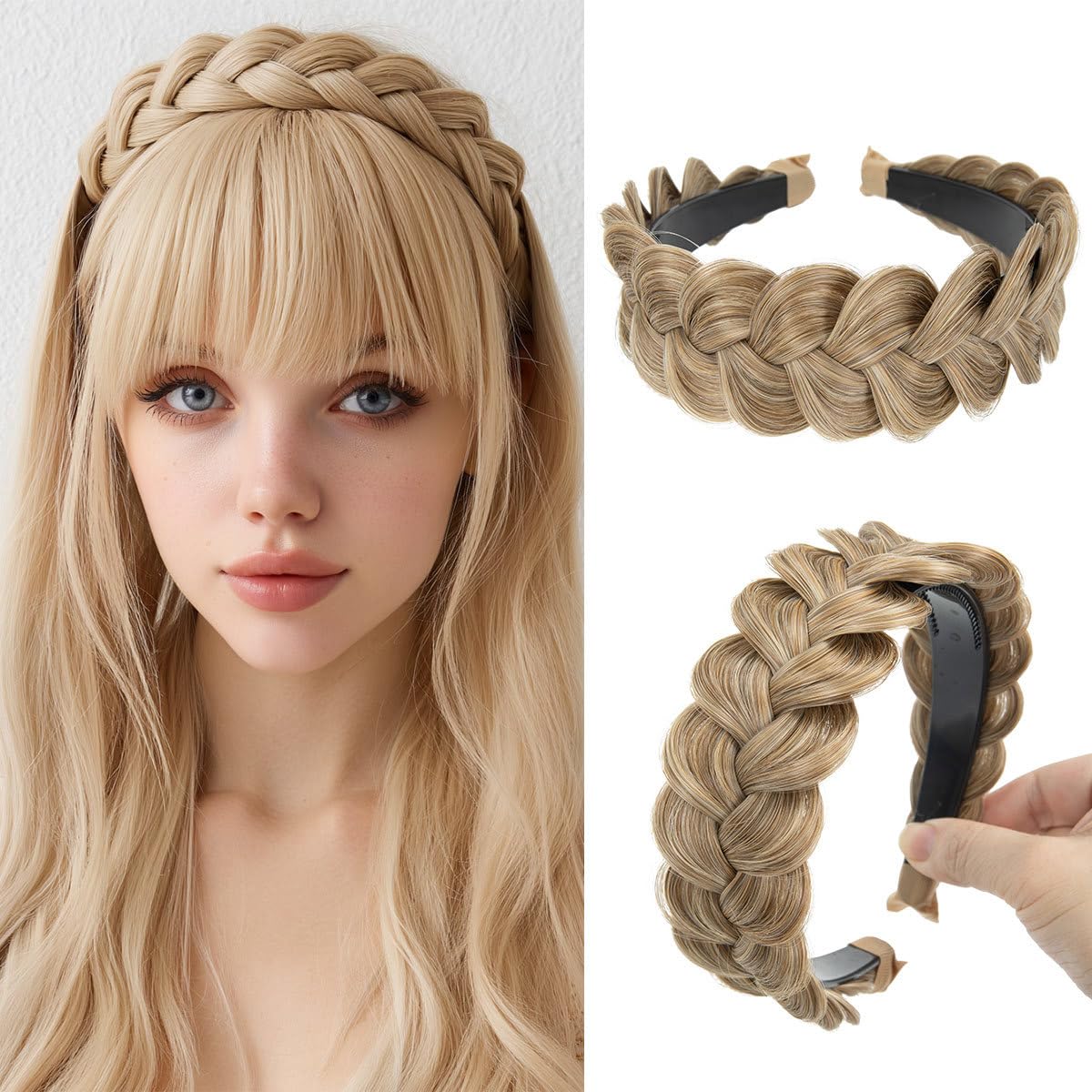 Braided Headbands for Women - Handmade Synthetic Hair Hoops with Teeth | Sand Color, 1PC