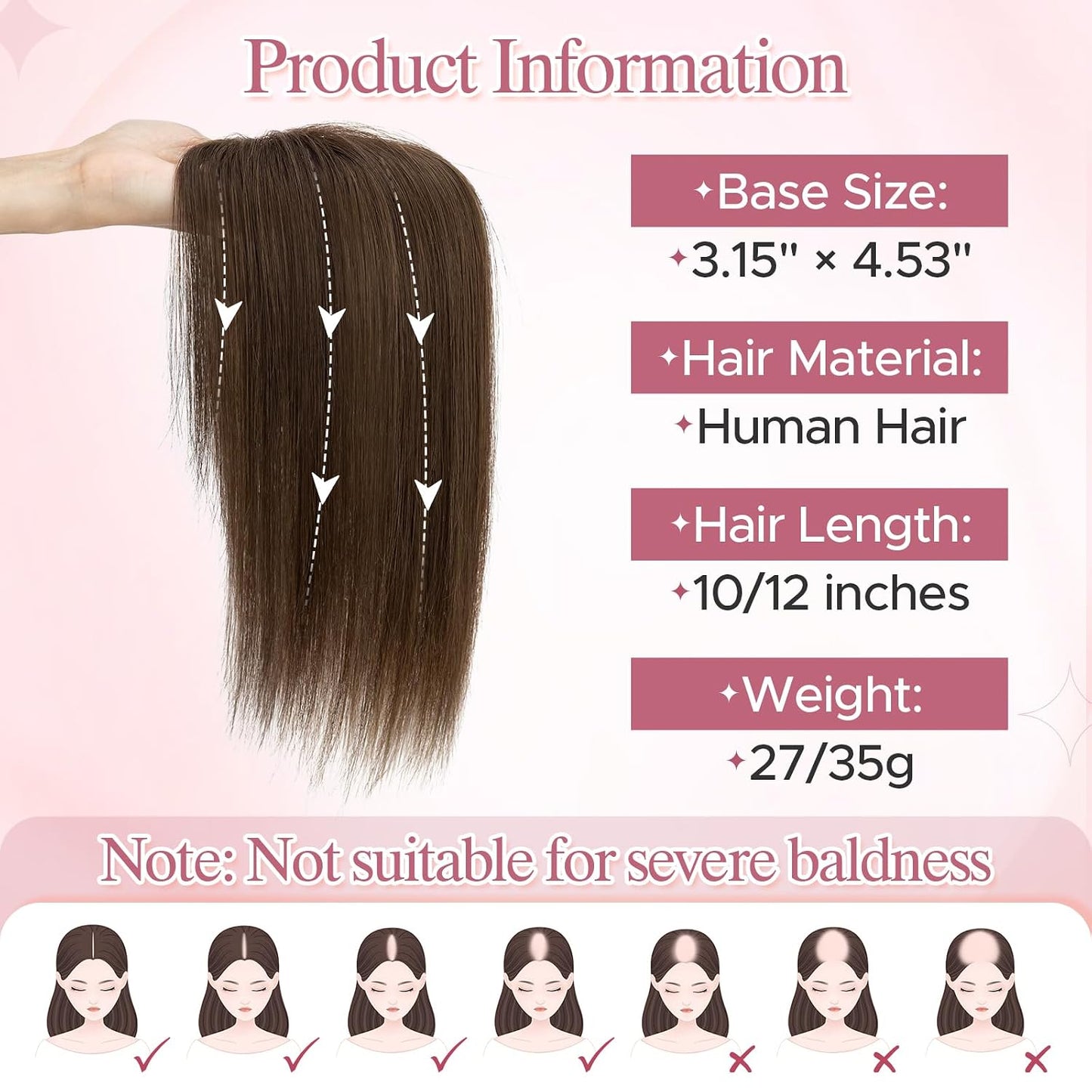 **Hair Toppers for Women - Real Human Hair with Curtain Bangs | 10-Inch Lace Base Clip-In Piece - #02 Dark Brown**