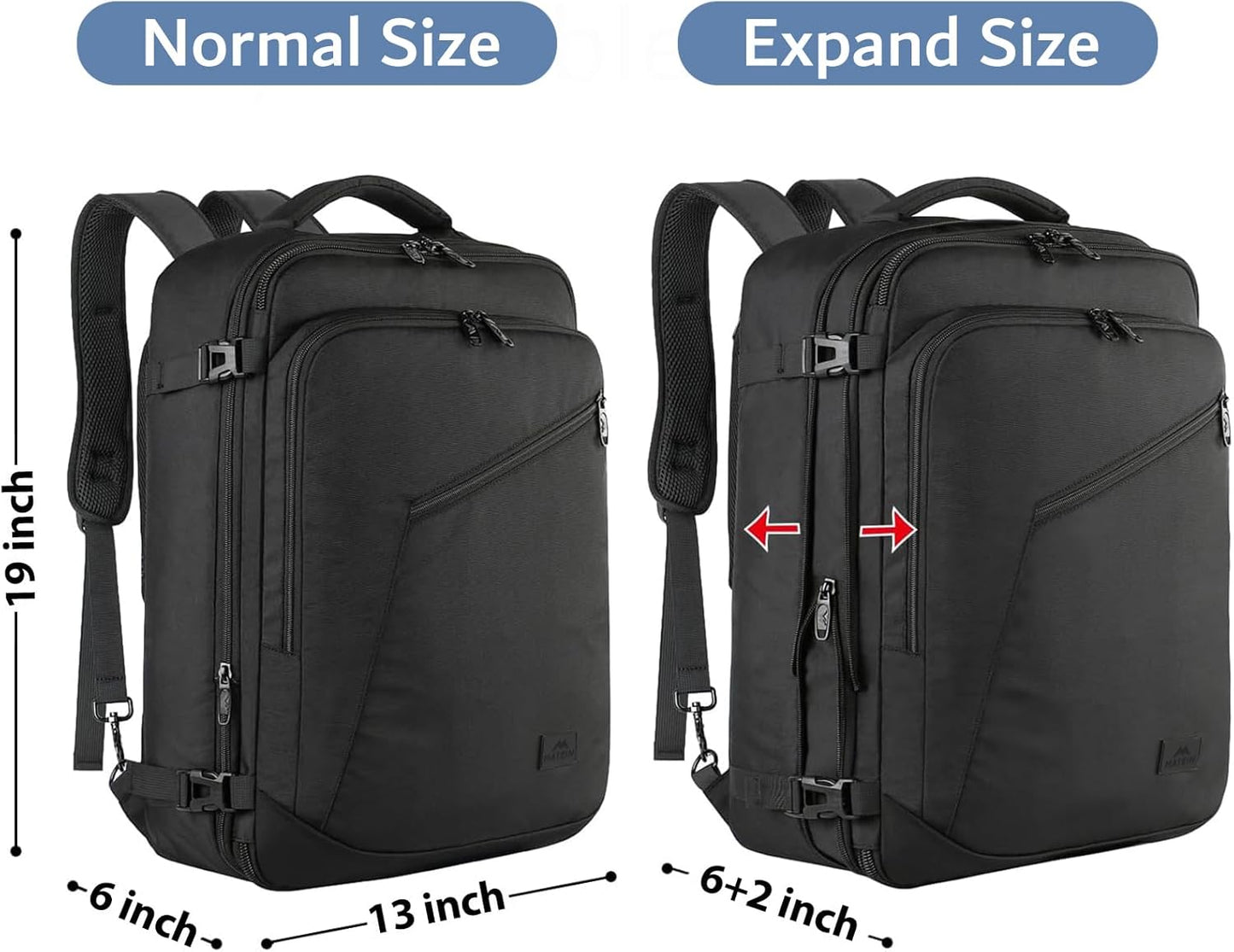 MATEIN Extra Large Carry-On Backpack - Expandable Airplane Approved Travel Bag for Men & Women | Water-Resistant 40L, Black