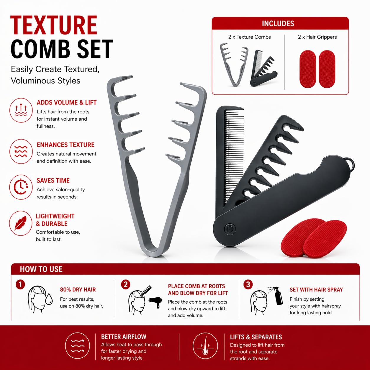 5-in-1 Texture Comb Set - Salon-Style Volumizing Hair Tool for Men & Women | Fluffy Texturizing Comb for Curly & Slick Back Hair