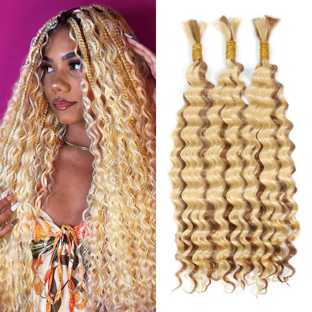 613 Boho Human Hair Braiding 27 613 Blonde Boho Human Hair Braiding Blonde Braids Deep Wave Knotless Bulk 27/613 Braids 12 12 12 Inch