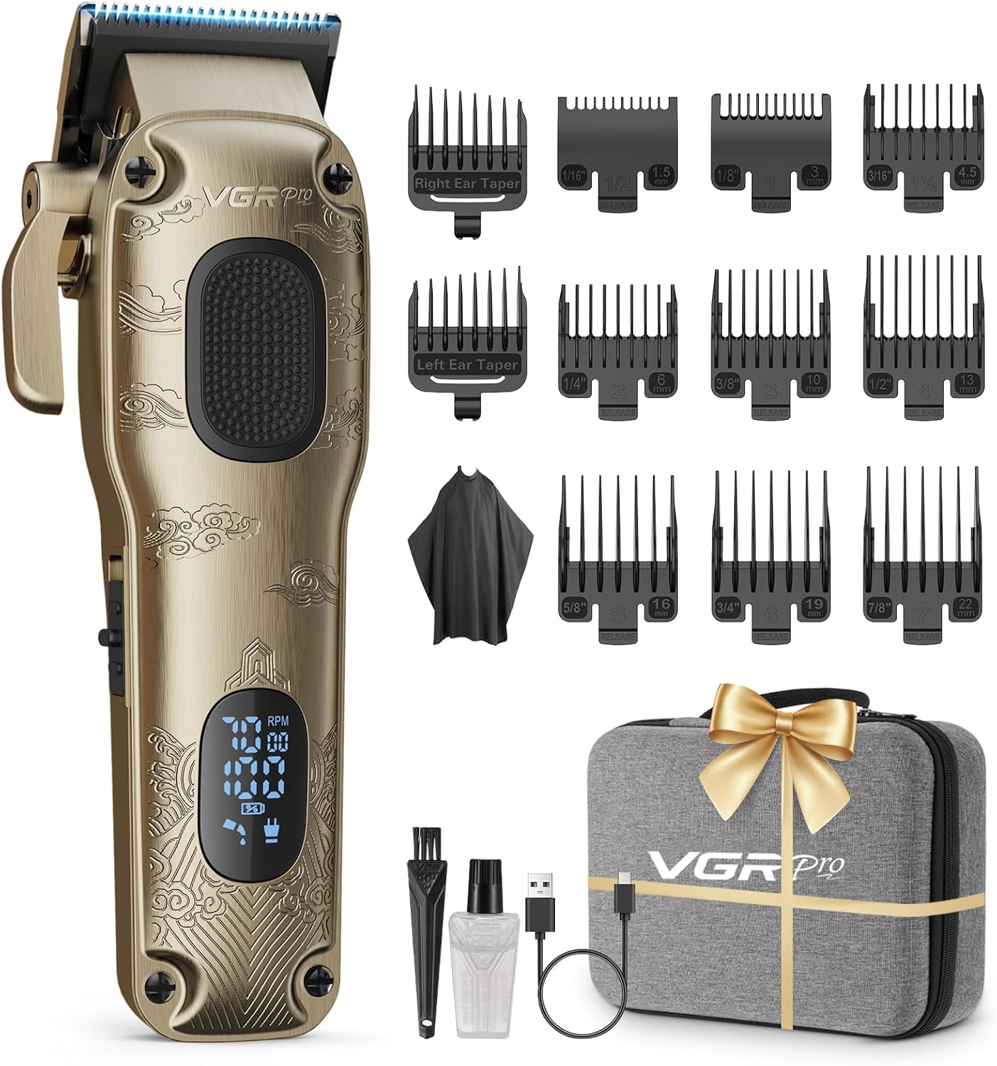 VGRPRO Hair Clippers for Men - Professional Cordless & Corded Grooming Kit | LED Battery Display, Golden Finish