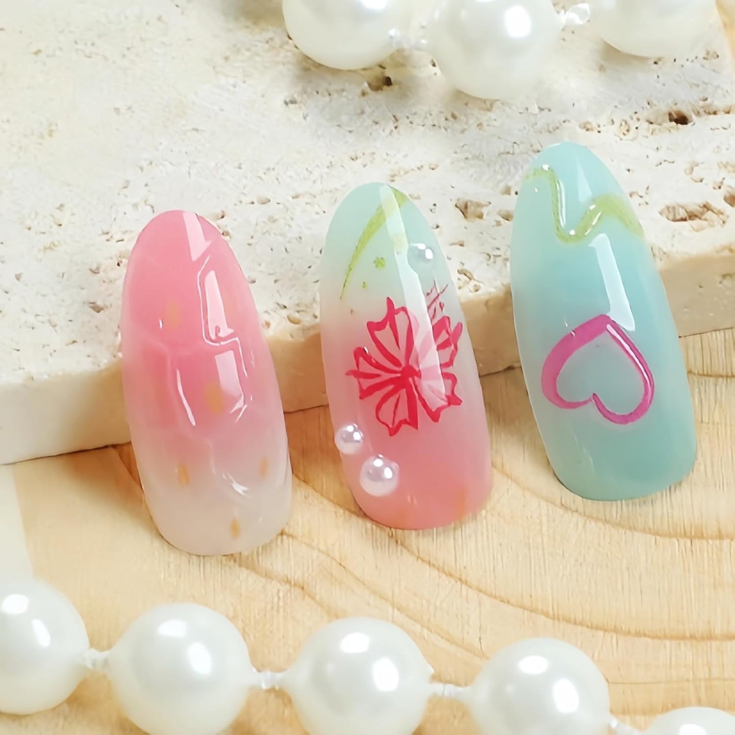 3D Handmade Press-On Nails - Summer Starfish & Flower Design | Medium Almond Full Cover Set
