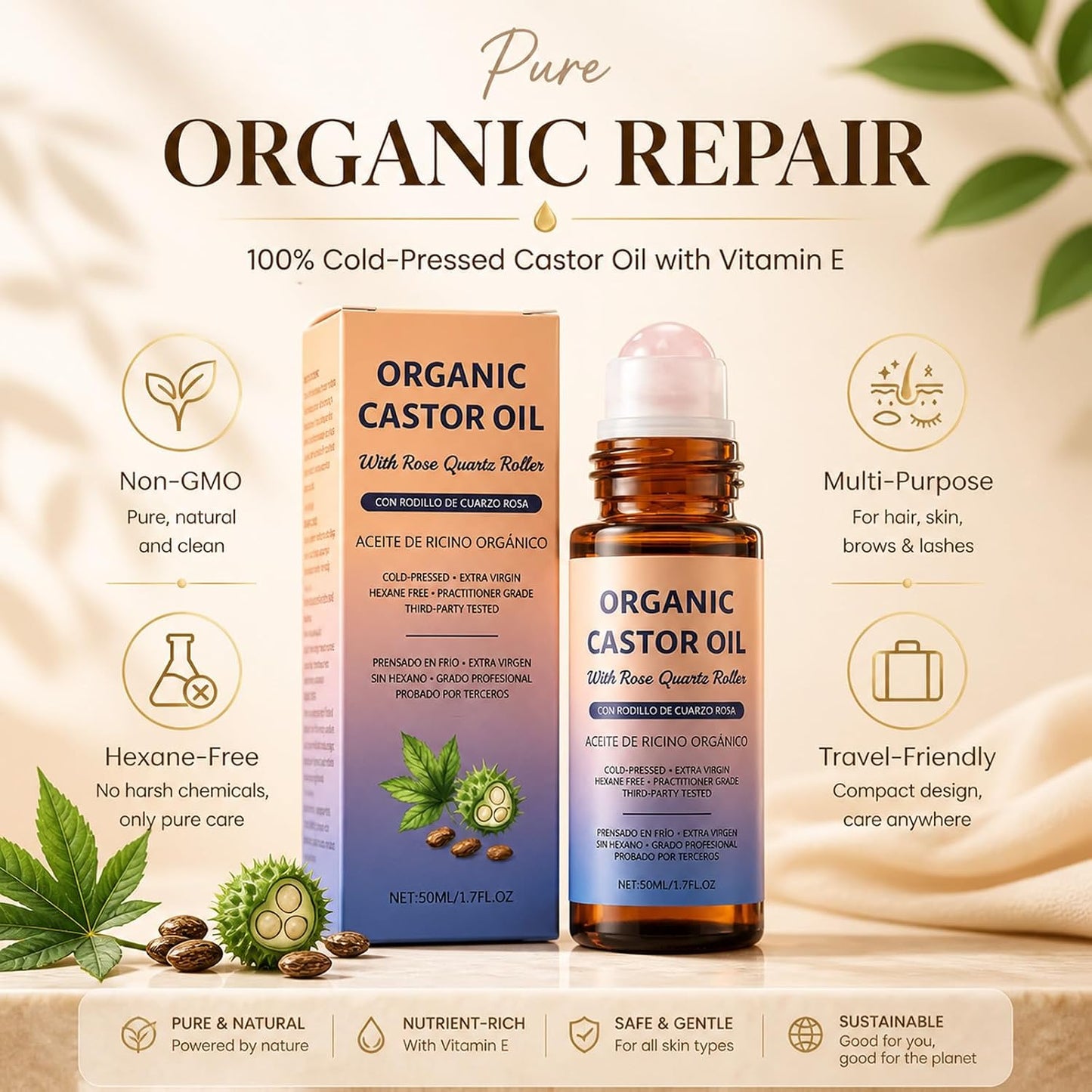 Organic Castor Oil with Rose Quartz Roller - Hydrating Roll-On for Brows, Lashes & Face | Leakproof Travel Bottle