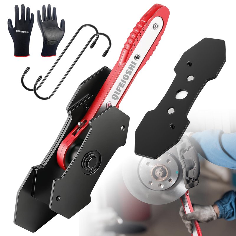 QIFEIOSHI Brake Caliper Compression Tool, 4-in-1 Universal Disc Caliper Tool, 360° Swivel Ratcheting Compressor for Automotive Brake Repair and Installation, Includes 2 Rubber Hooks and Gloves (Red)