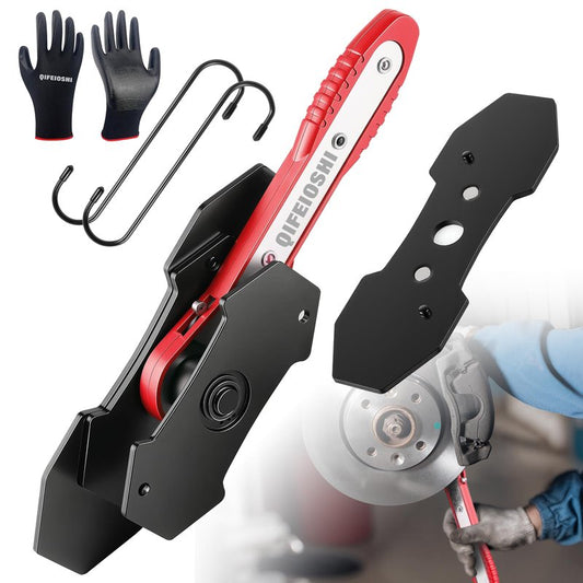 QIFEIOSHI Brake Caliper Compression Tool, 4-in-1 Universal Disc Caliper Tool, 360° Swivel Ratcheting Compressor for Automotive Brake Repair and Installation, Includes 2 Rubber Hooks and Gloves (Red)
