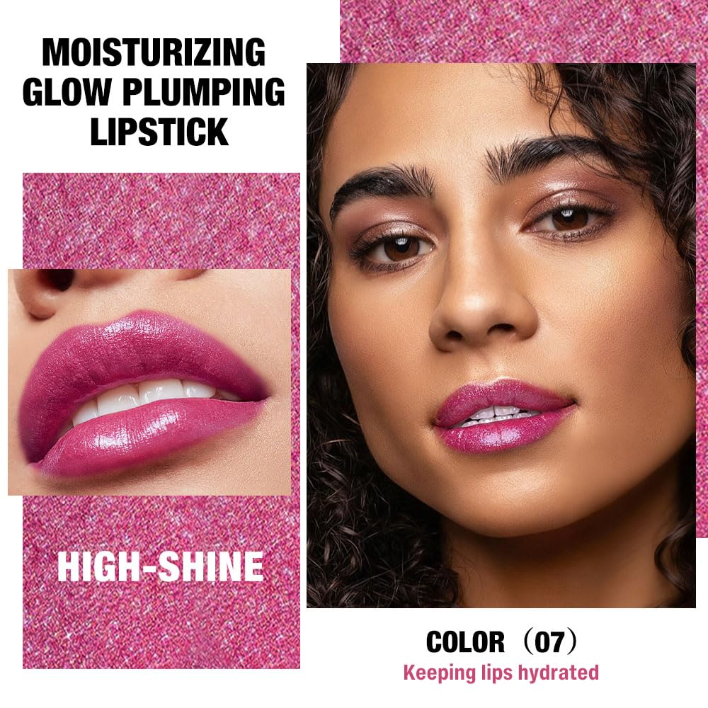 Mauve Pink Shimmer Metallic Moisturizing Glow Plumping Lipstick Makeup, Lipstick with Metallic 3D Shine Lightweight Hydrating Formula, Glitter Lip Gloss Stain Long Lasting Waterproof (07#Mauve Pink)