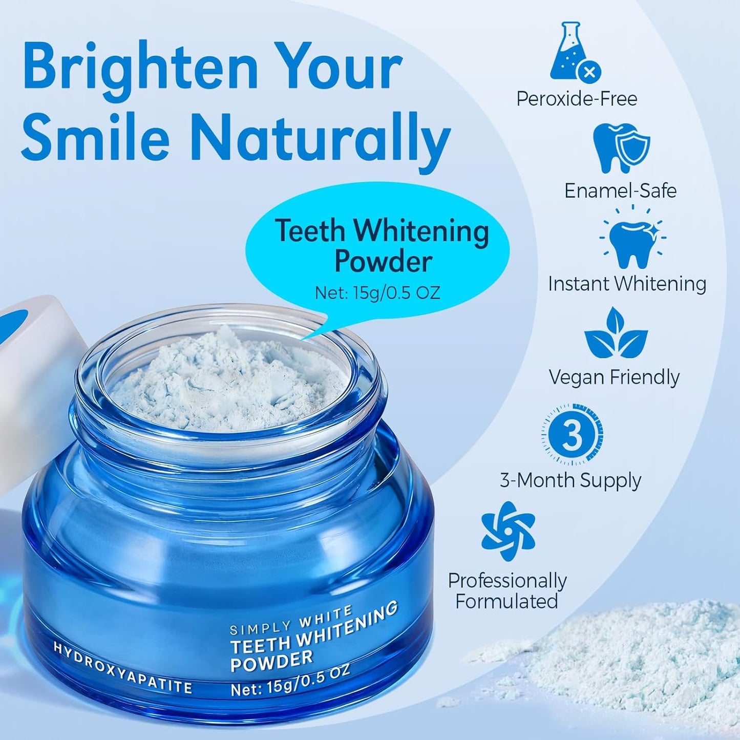 Teeth Whitening Powder - Enamel-Safe Hydroxyapatite Formula - Gentle, No Sensitivity - 15g for Long-Lasting Freshness