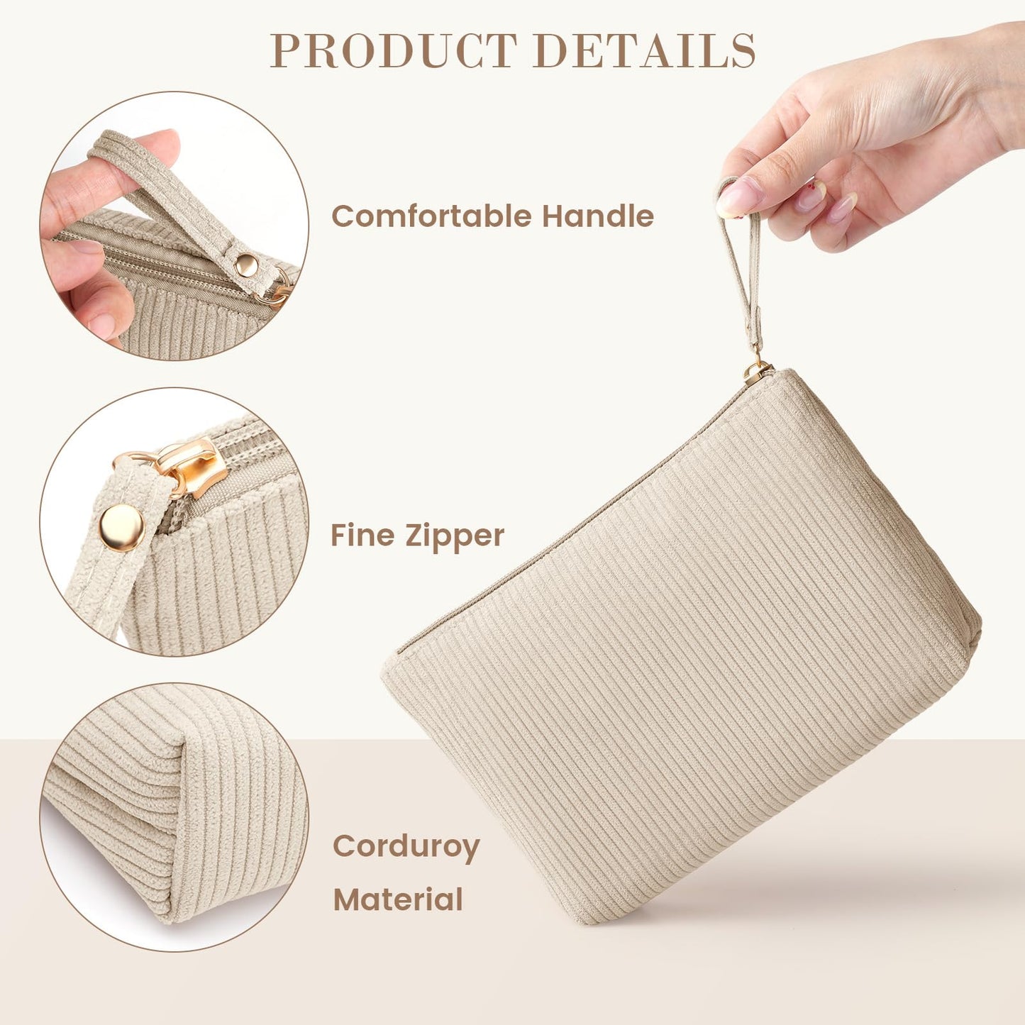 MAGEFY Small Makeup Bag, Corduroy Small Pouches for Purse Cosmetic Bag Makeup Pouches for Key Pocket Lipstick Bag Card Holder Data Cable Organizer(Beige,Small)