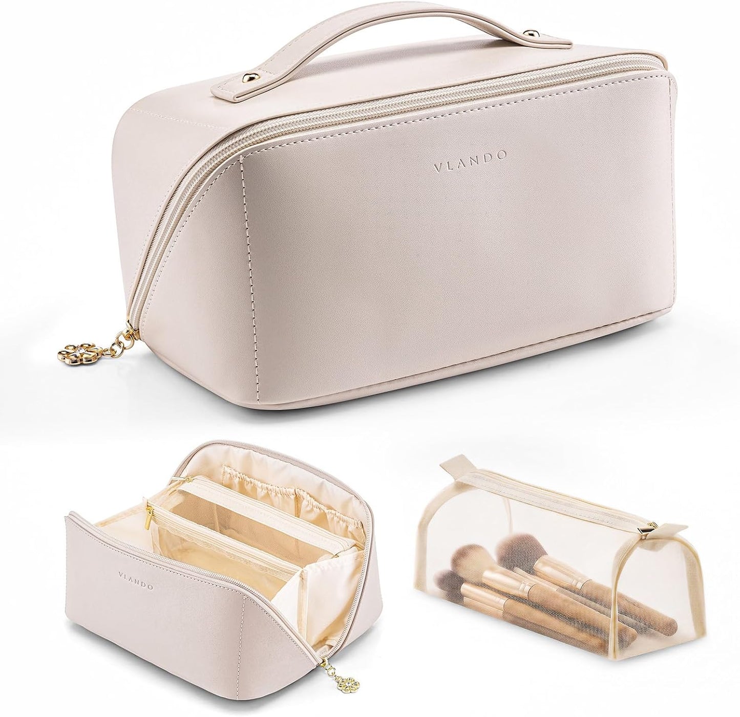 VLANDO Makeup Bag - Travel Toiletry & Cosmetic Bag for Women | PU Leather, Portable Design - Toffee