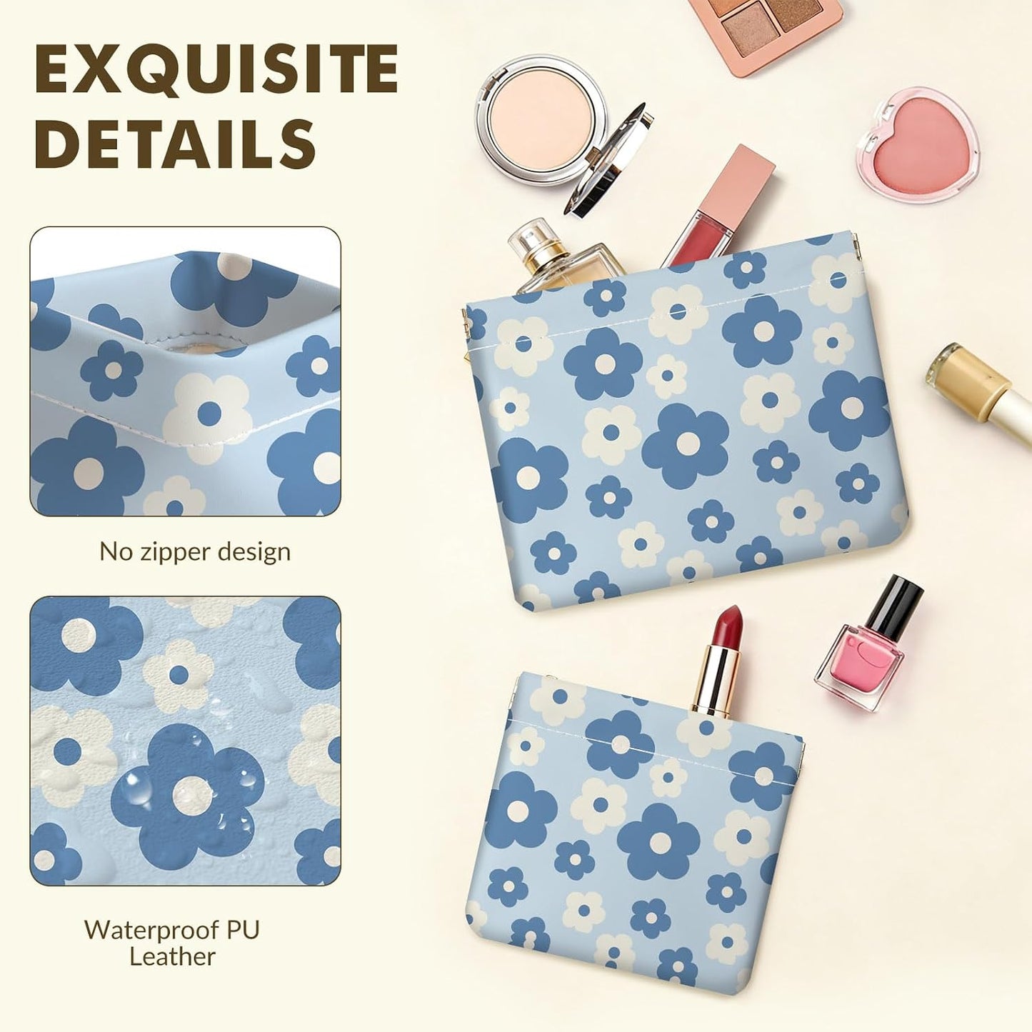 Small Makeup Bag Set - 2 PCS PU Leather Cosmetic Organizer | Portable Travel Toiletry Pouch with Blue and White Floral Design