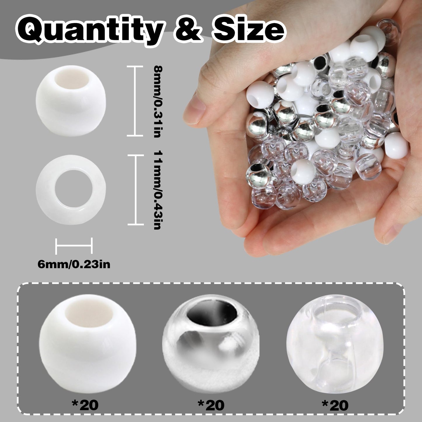 NAISKA 60PCS Clear Hair Beads Acrylic Beads for Braids Round Pony Bead Hair Bead for Kids Girls Silver Dreadlock Hair Decoration Loc Hair Accessories for Unisex