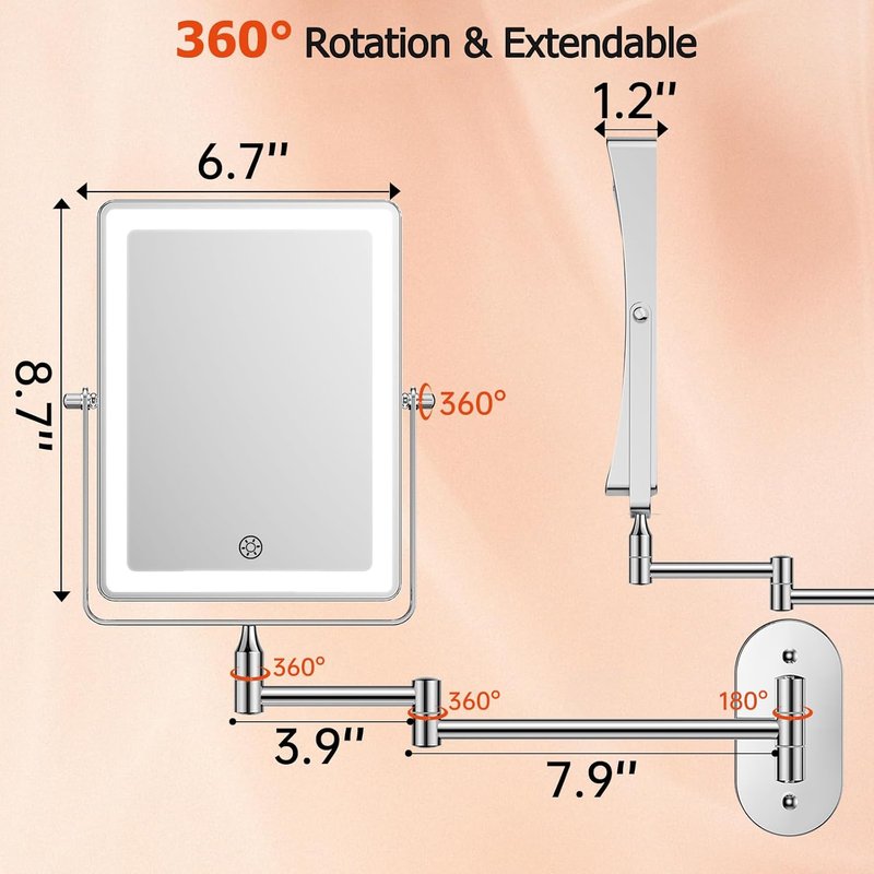 FUNTACH 5000mAh Rechargeable Makeup Mirror - 8.7" Double-Sided 1X/30X Magnification | Dimmable 3-Color Light, 360° Wall Mount