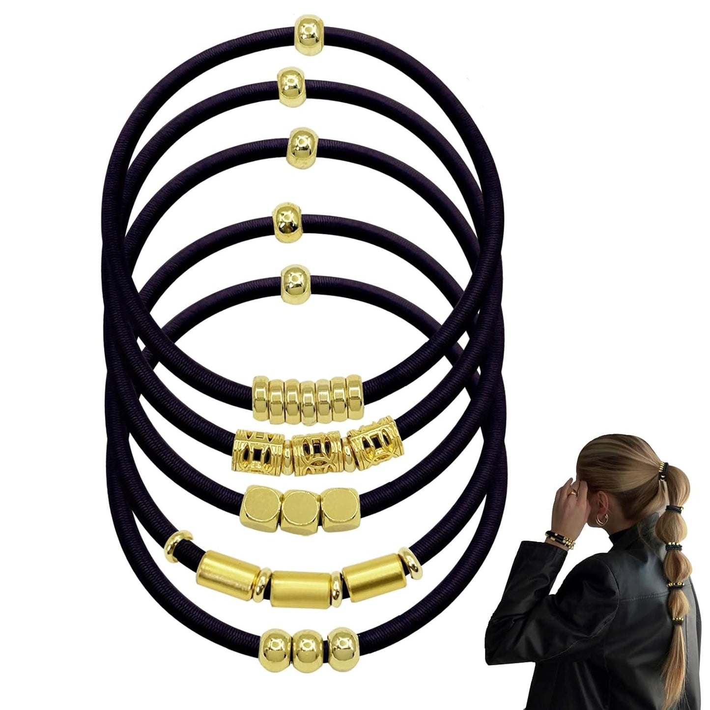 Black Hair Ties for Women - 5 Pack Elastic Ponytail Holders | 3mm Thick, No Damage, Beaded with Gold Charms