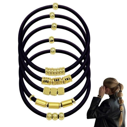 Black Hair Ties for Women - 5 Pack Elastic Ponytail Holders | 3mm Thick, No Damage, Beaded with Gold Charms