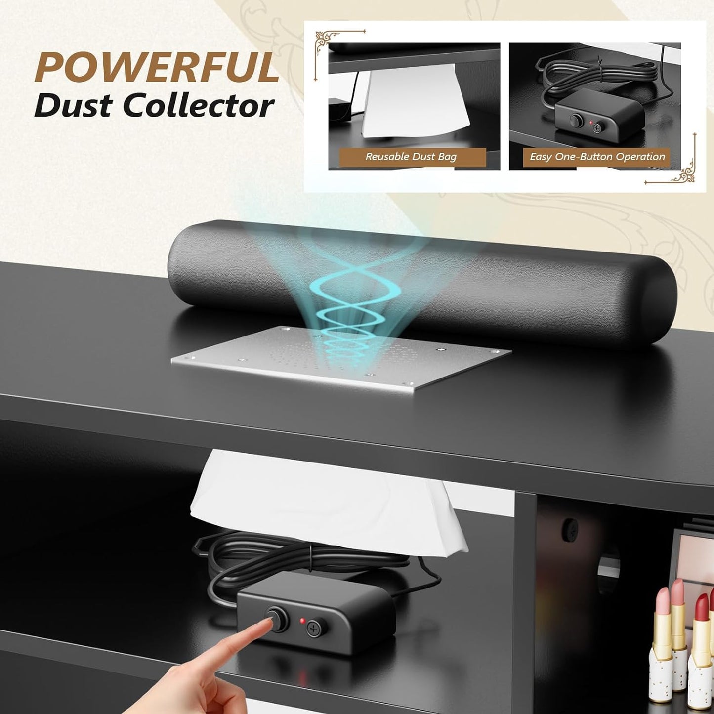 OmySalon Nail Desk - Electric Dust Collector Manicure Table with Storage Drawers & Acetone Resistant Surface | Black