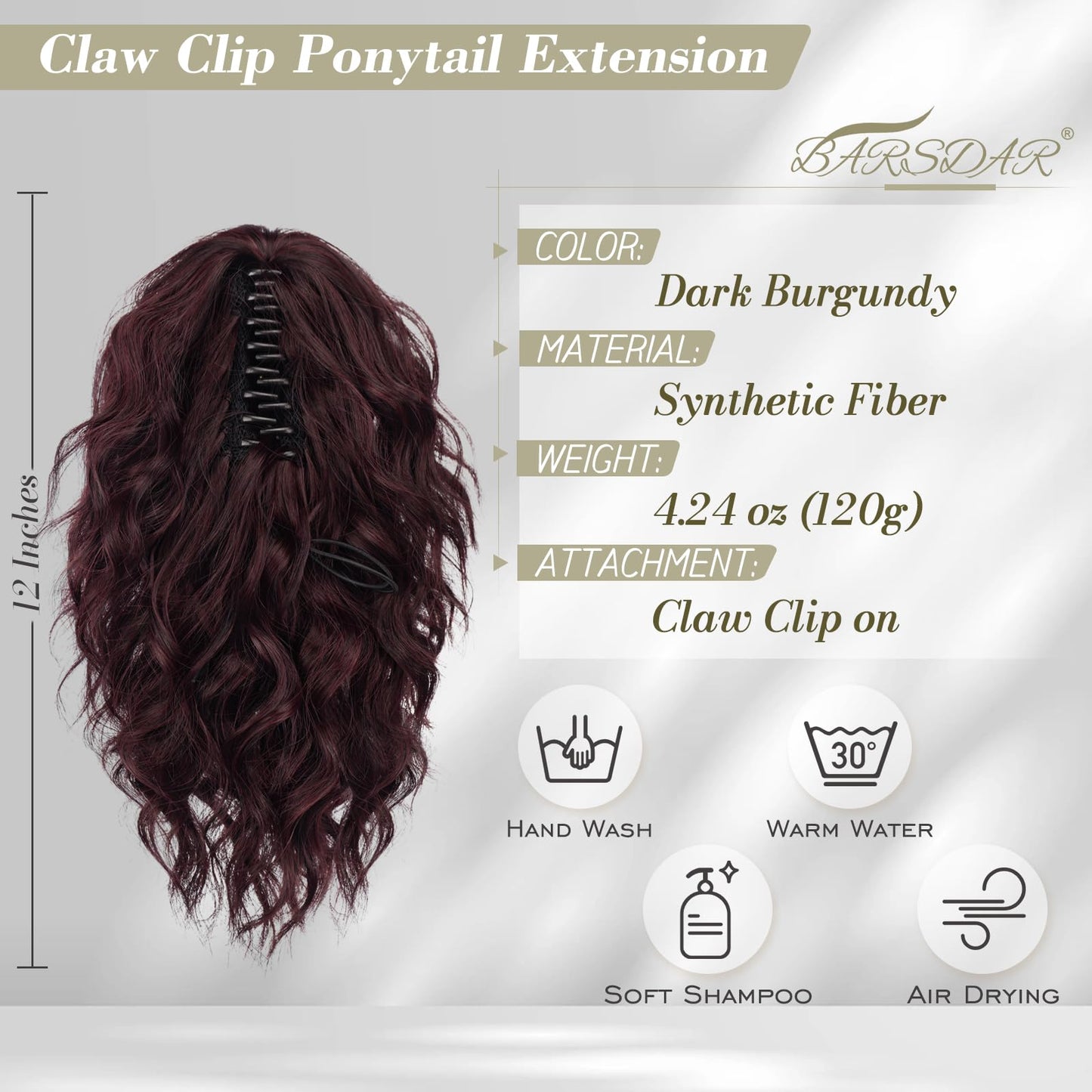 BARSDAR Red Ponytail Extension - 12 Inch Claw Clip Ponytail Extensions for Women - Curly Wavy Multi Layered Synthetic Clip in Ponytail Hairpieces Daily Party Halloween - Dark Burgundy