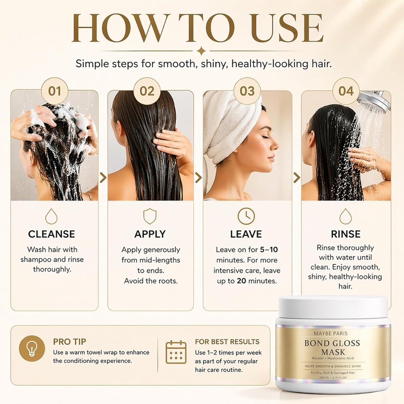 Bond Gloss Hair Mask - Hydrolyzed Keratin & Hyaluronic Acid for Stronger, Smoother Hair | Sulfate-Free, 8 oz